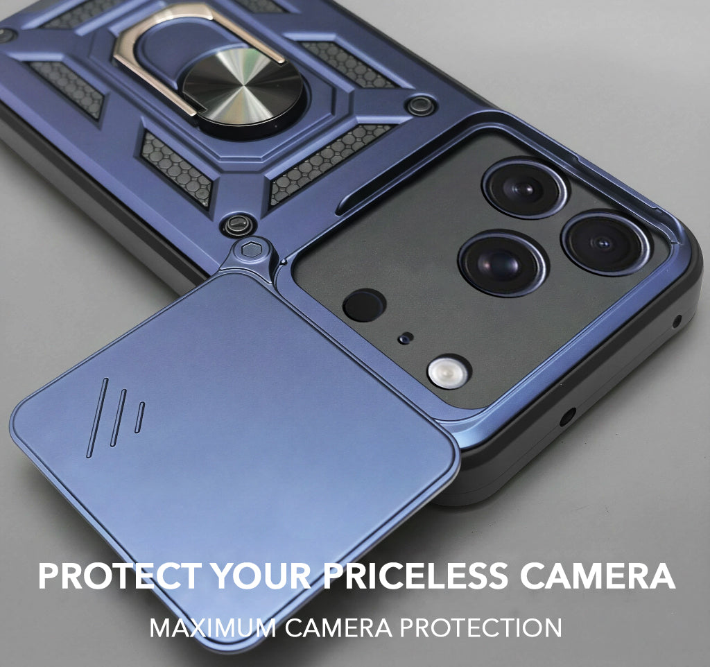 For iPhone 17 Pro | iPhone 18 Pro Back Cover Case Hybrid Armor (Sliding Shutter Camera Protection | Polycarbonate |Ring Holder Kickstand)