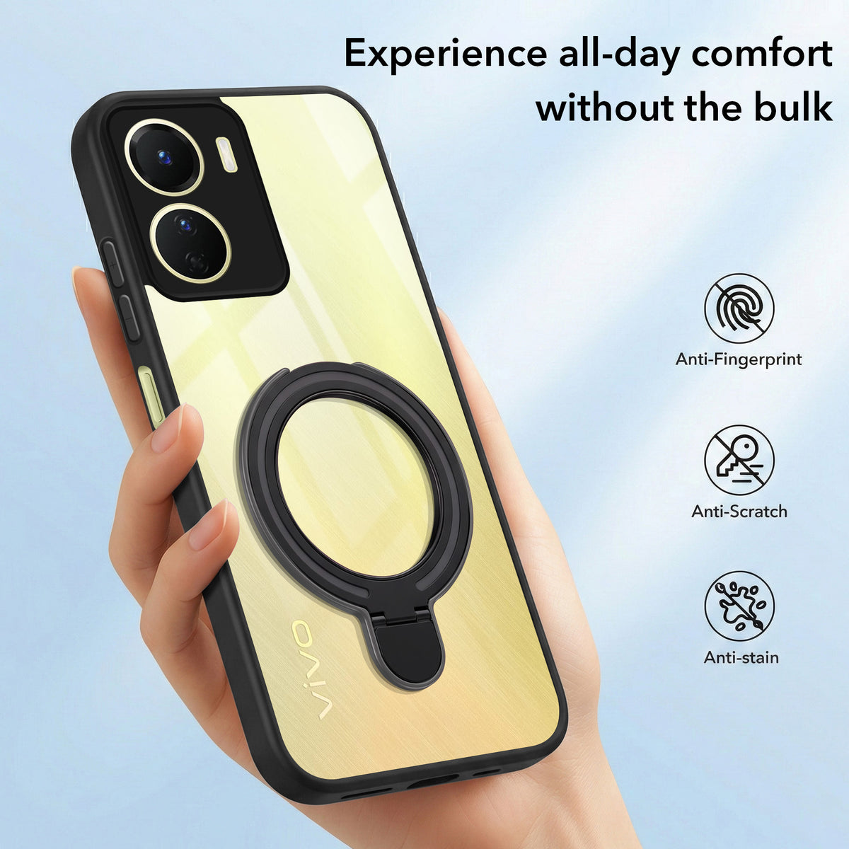 For Vivo Y16 Back Cover Case (Kick Stand Ring Holder | Life time Anti Yellow | Camera Protection)