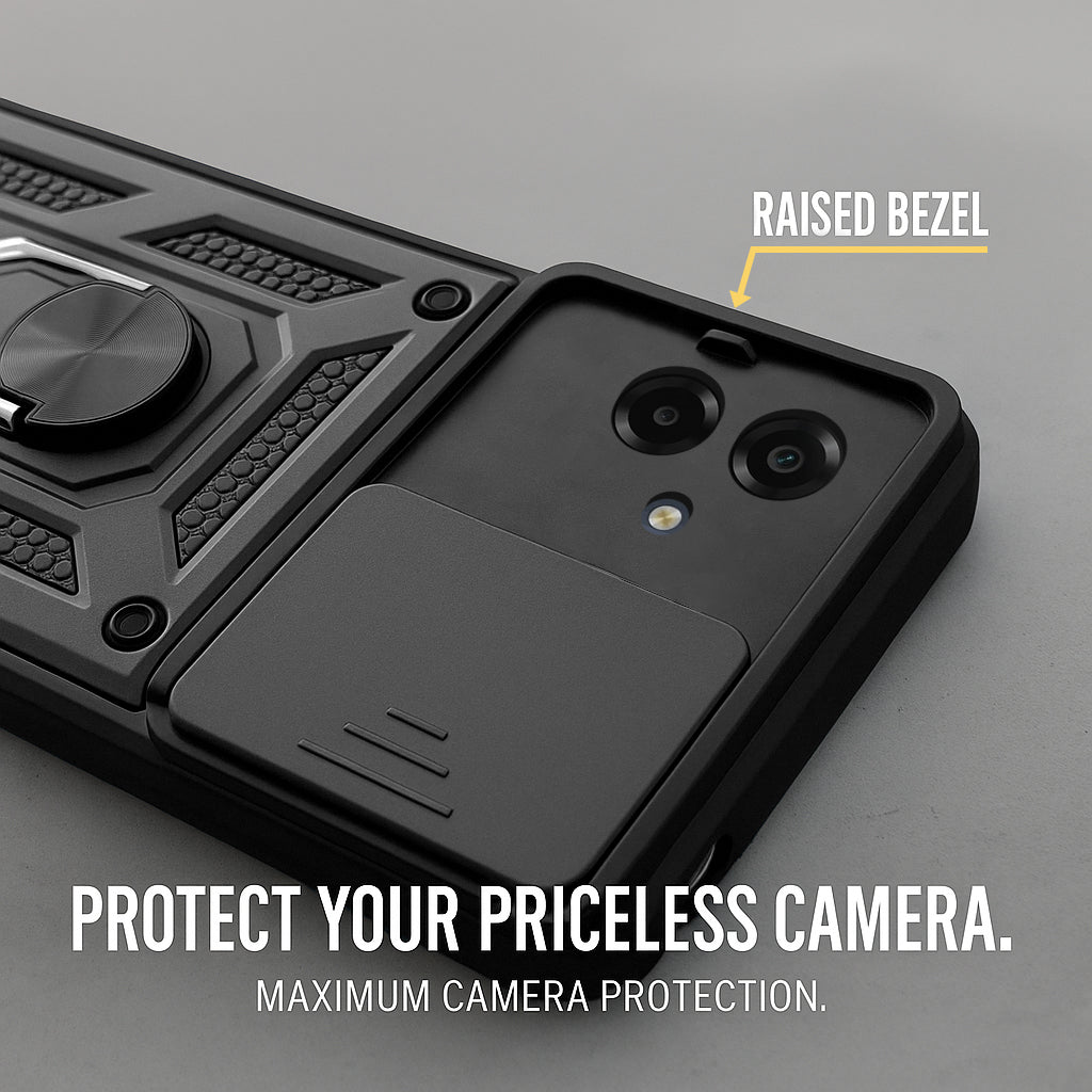 For Samsung Galaxy M07 | Samsung Galaxy F07 Back Cover Case Hybrid Armor (Sliding Shutter Camera Protection | Polycarbonate |Ring Holder Kickstand)