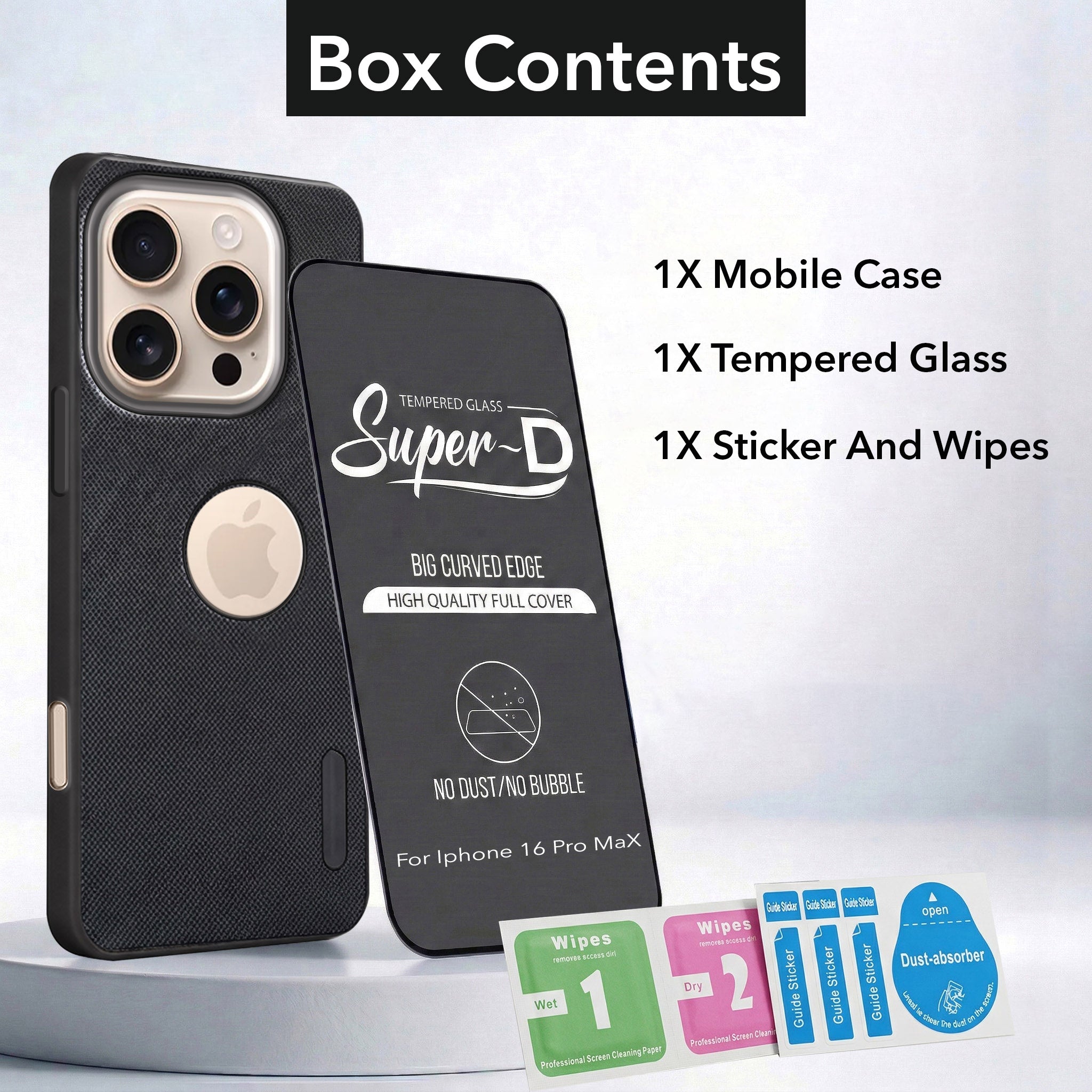 For Apple iPhone 16 Pro Max Combo with Back Cover and 9H Tempered Glass (Textured Grip Design | Micro-Fiber Cloth Inside | Oleophobic Coating Screen Glass)