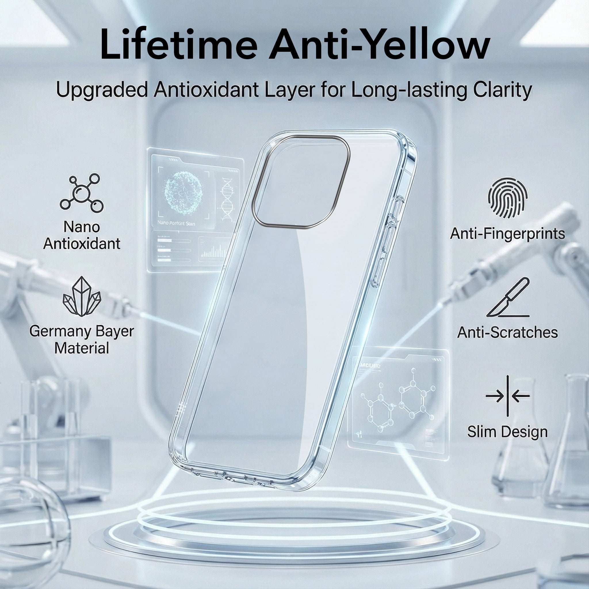 For Apple iPhone 15 Pro Max Combo with Back Cover and 9H Tempered Glass (Lifetime Anti-Yellow | Sleek Hard Crystal | Oleophobic Coating Screen Glass)