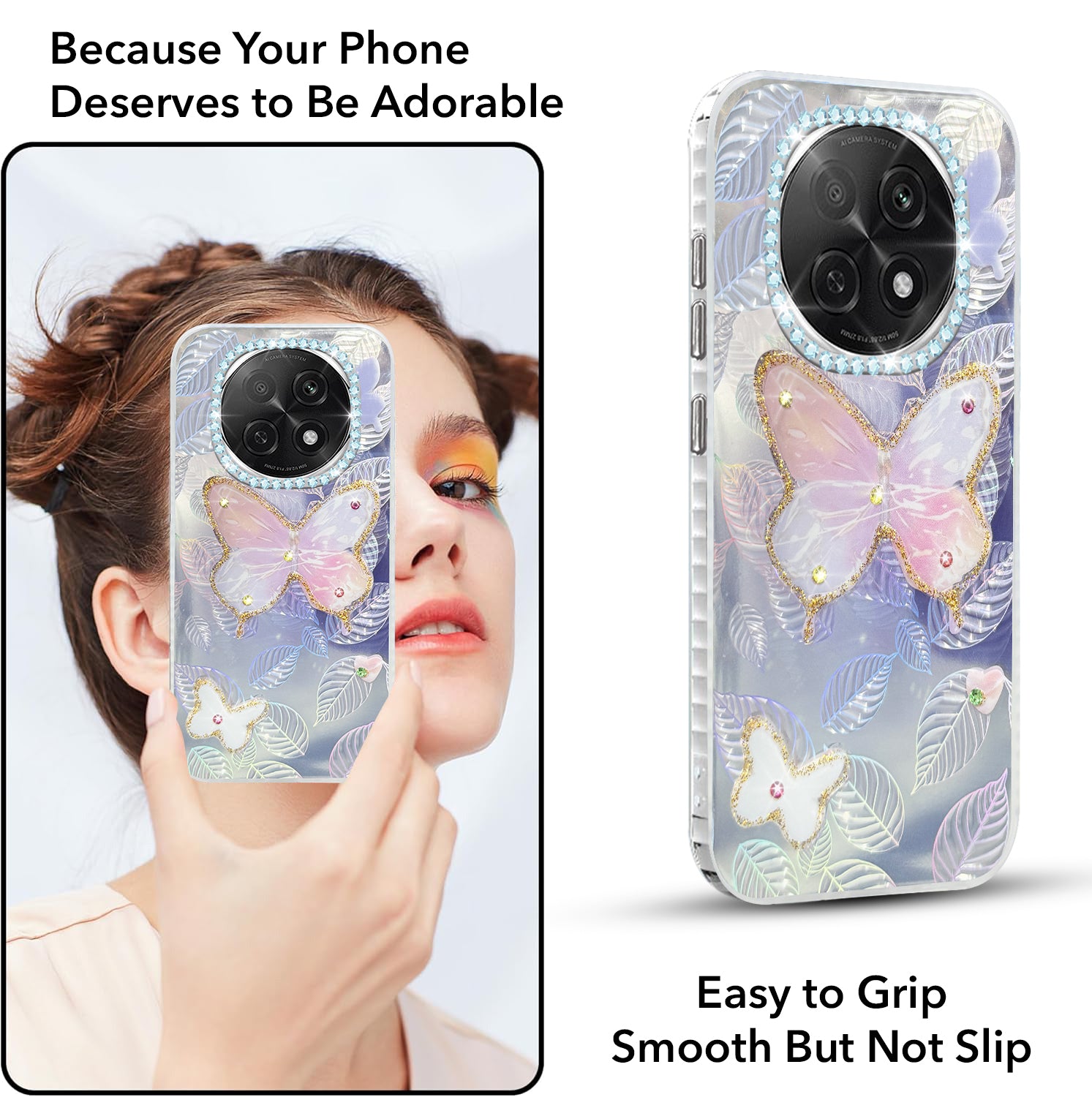 For Oppo F29 Pro Back Cover Case  (Luxury Floral Glitter Cute Butterfly | Diamond Studded Camera Bump | Girls & Women Design)