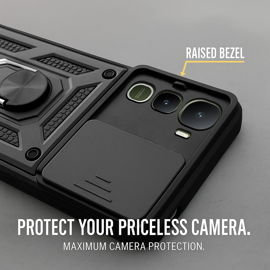 For Vivo Y400 Back Cover Case Hybrid Armor (Sliding Shutter Camera Protection | Polycarbonate |Ring Holder Kickstand)