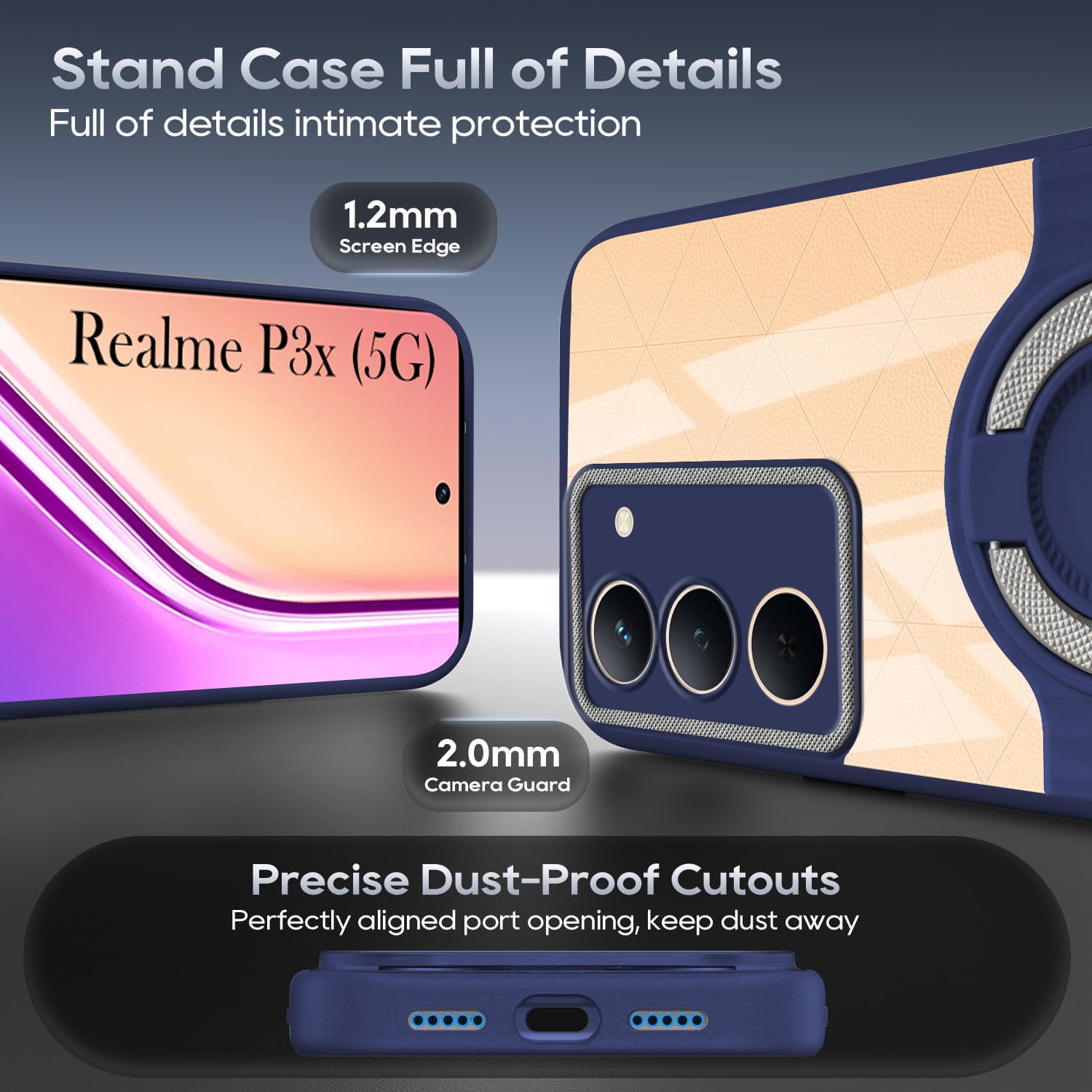 For Realme P3x Back Cover Case with stand (Built-in Ring Holder Kickstand | Lifetime Anti Yellow | Camera Protection)