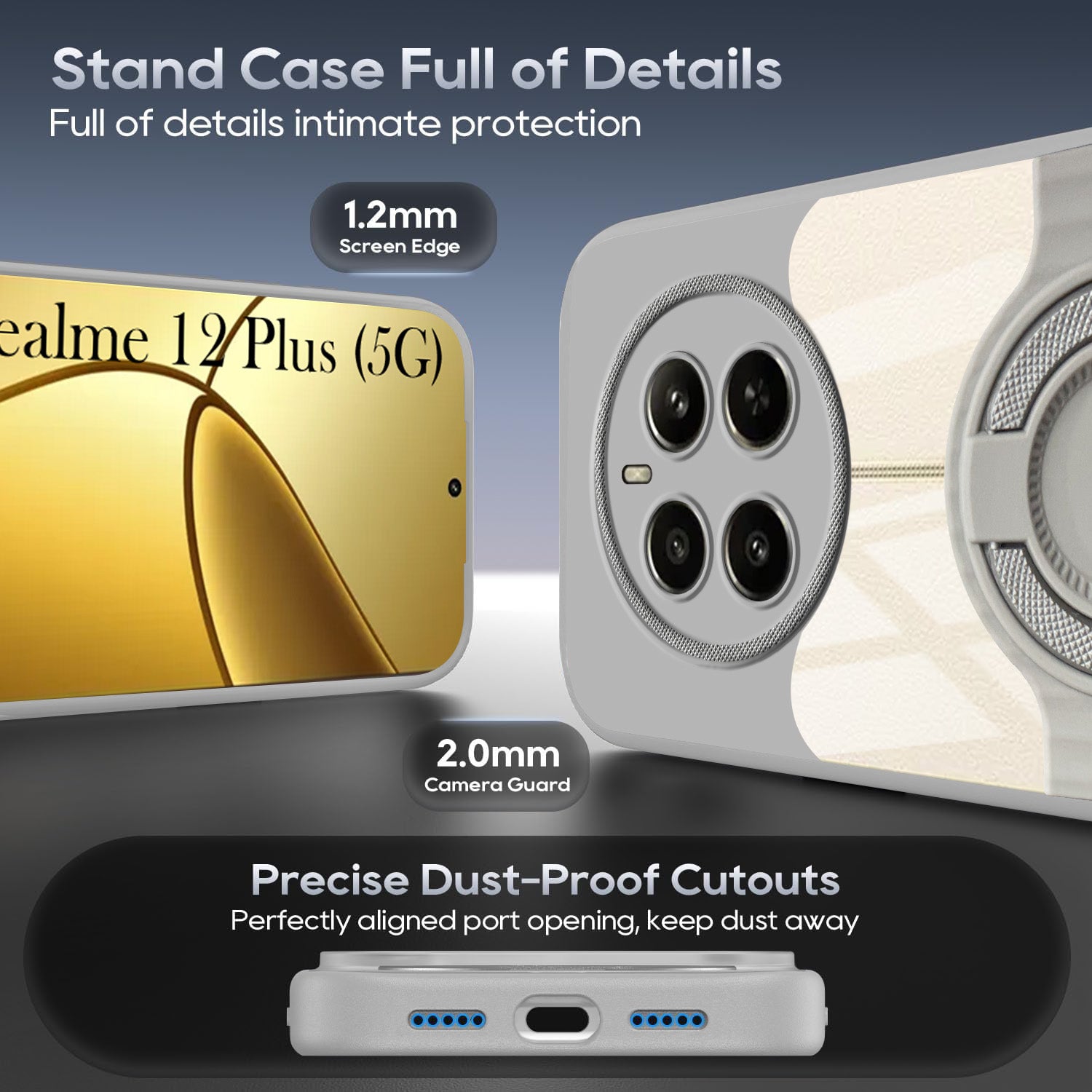 For Realme 12 Plus Back Cover Case with stand (Built-in Ring Holder Kickstand | Lifetime Anti Yellow | Camera Protection)