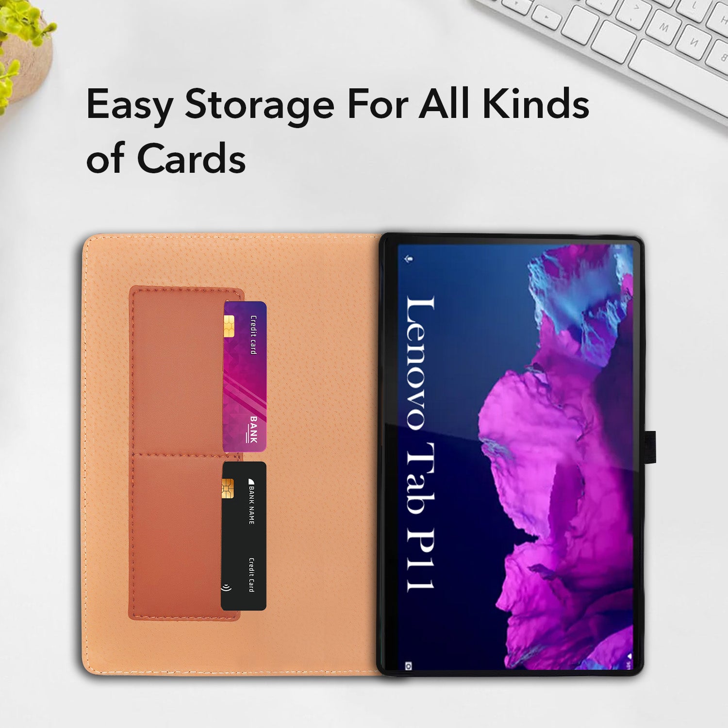 For Lenovo Tab P11 11.5 Inch TB-J606F Flip Cover Folio Cover (PU Matte Leather | Multi-Angle Smart Stand | Card Storage Slots | Silicone Back Pouch)