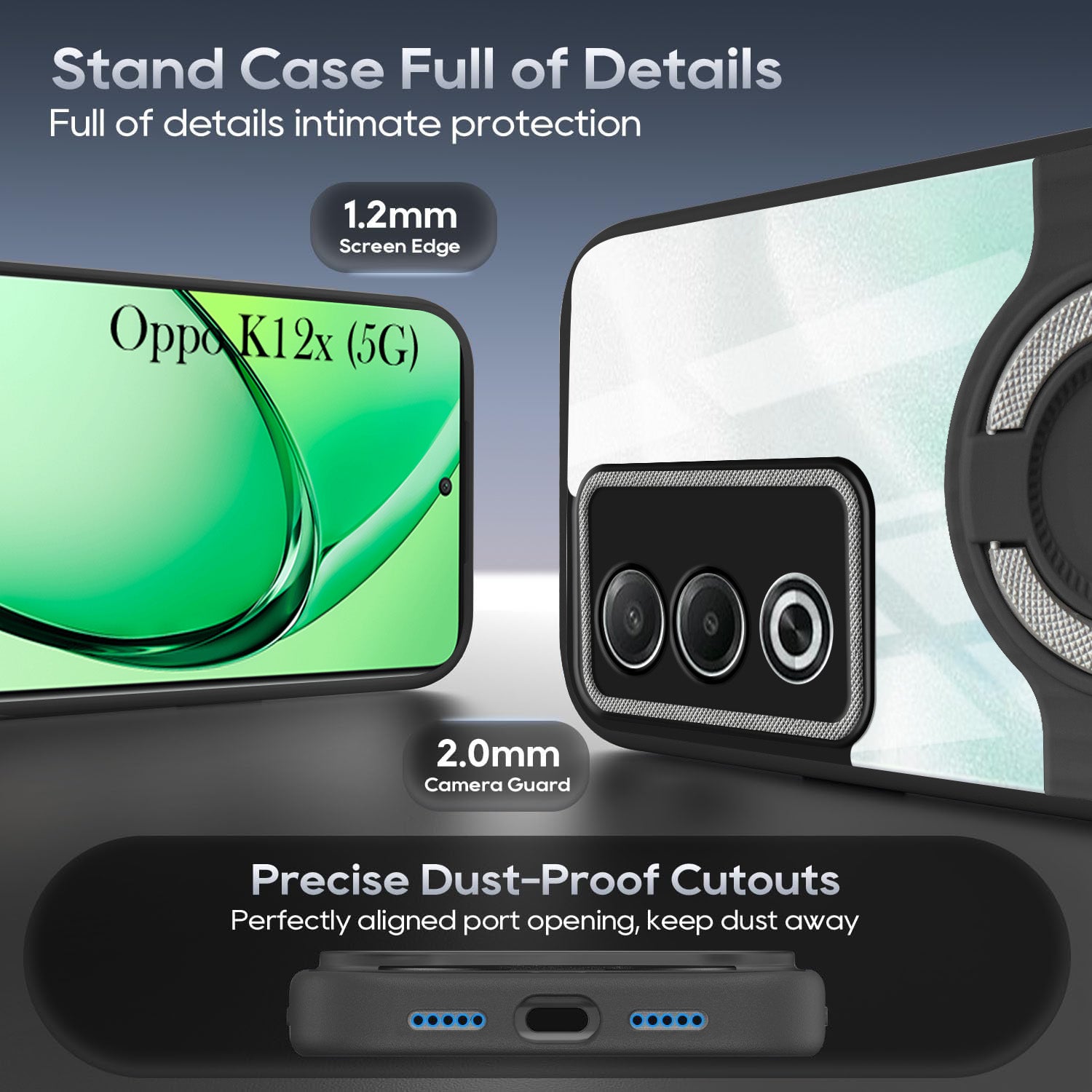 For Oppo K12x 5G Back Cover Case with stand (Built-in Ring Holder Kickstand | Lifetime Anti Yellow | Camera Protection)