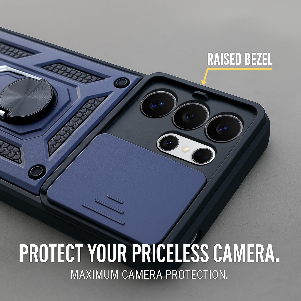 For Samsung Galaxy S26 Ultra Back Cover Case Hybrid Armor (Sliding Shutter Camera Protection | Polycarbonate |Ring Holder Kickstand)