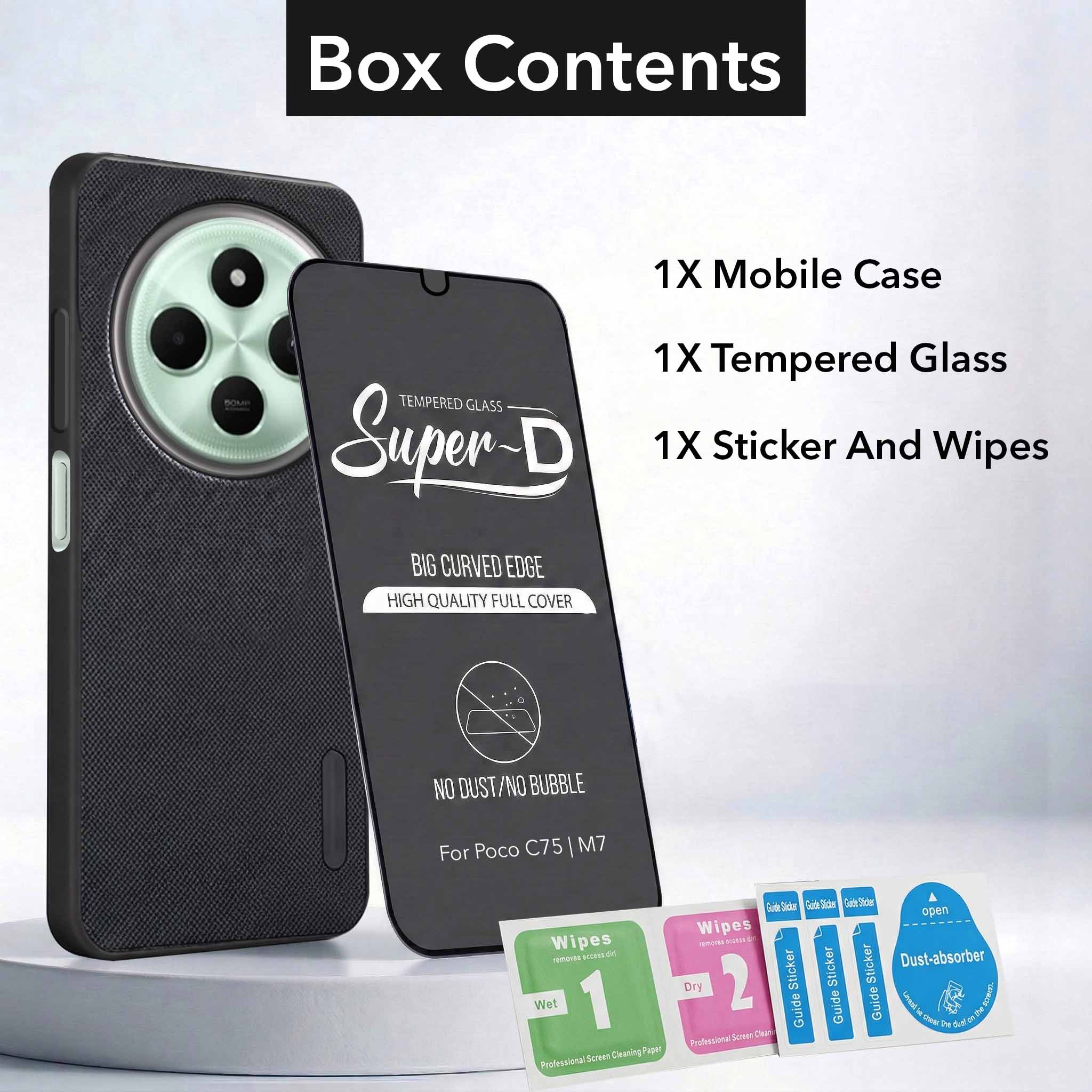 For Poco C75 | Poco M7 Combo with Back Cover and 9H Tempered Glass (Textured Grip Design | Micro-Fiber Cloth Inside | Oleophobic Coating Screen Glass)