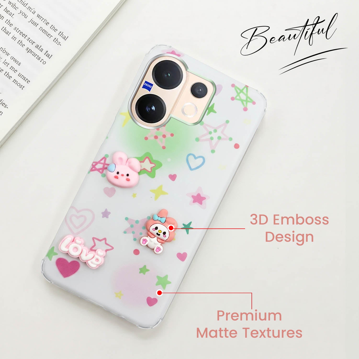 For Vivo V60 | Vivo T4 Pro Back Cover Case (3D Cute Cartoons | Hard Back Side Soft | Matte Premium Finish | HD Printing)
