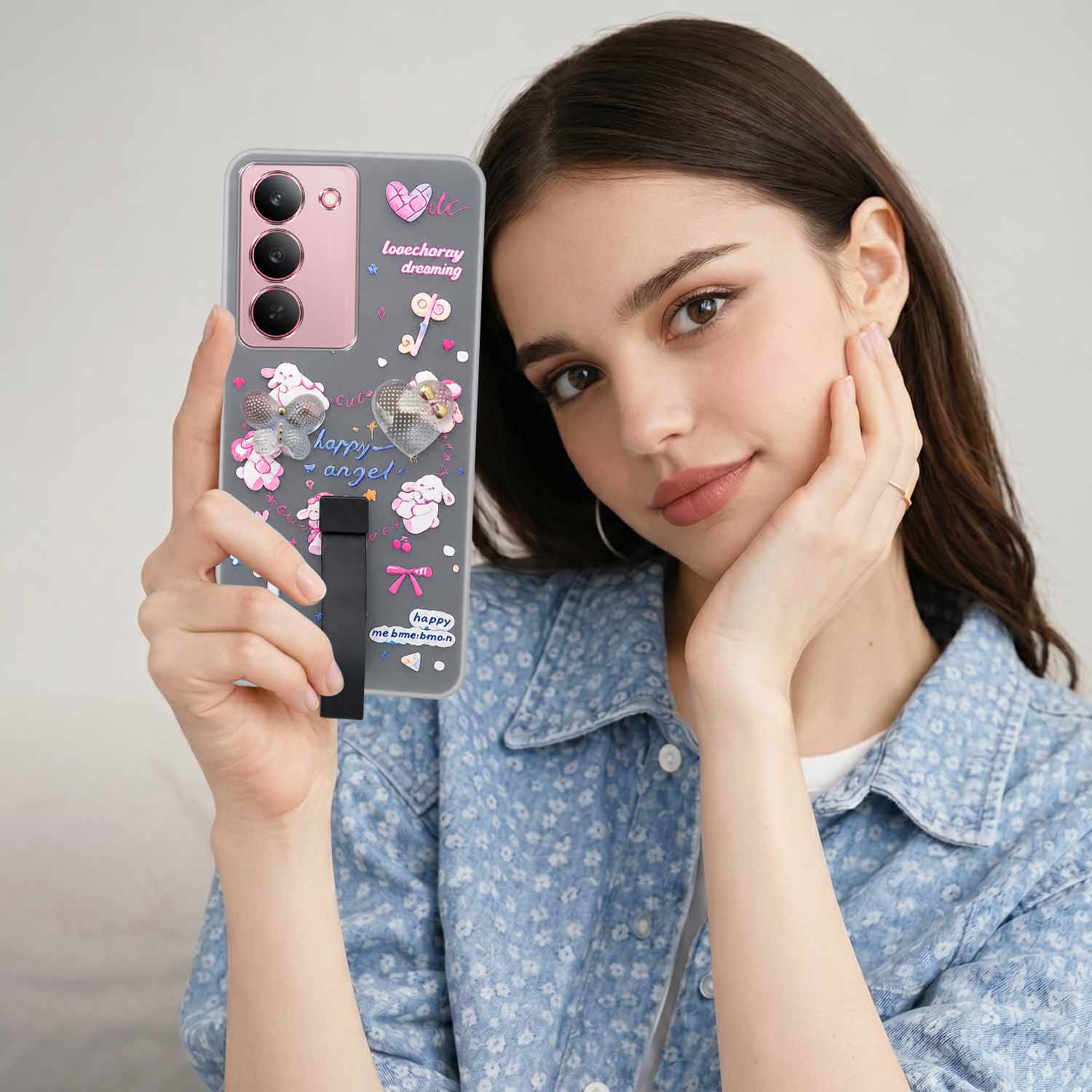 For Realme 14X Back Cover Case (3D Cute Heart Strap Holder | Camera Protection | Designer Girls Print)