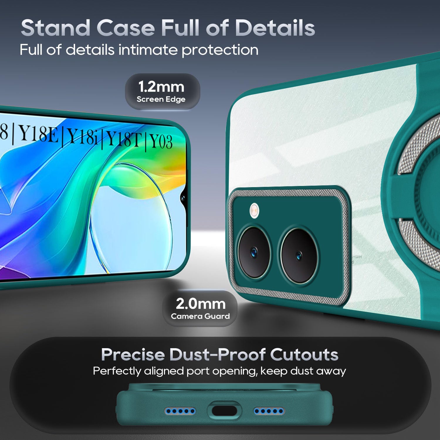 For Vivo Y18 | Y18e | Y03 | Y18i | Y18t Back Cover Case with stand (Built-in Ring Holder Kickstand | Lifetime Anti Yellow | Camera Protection)