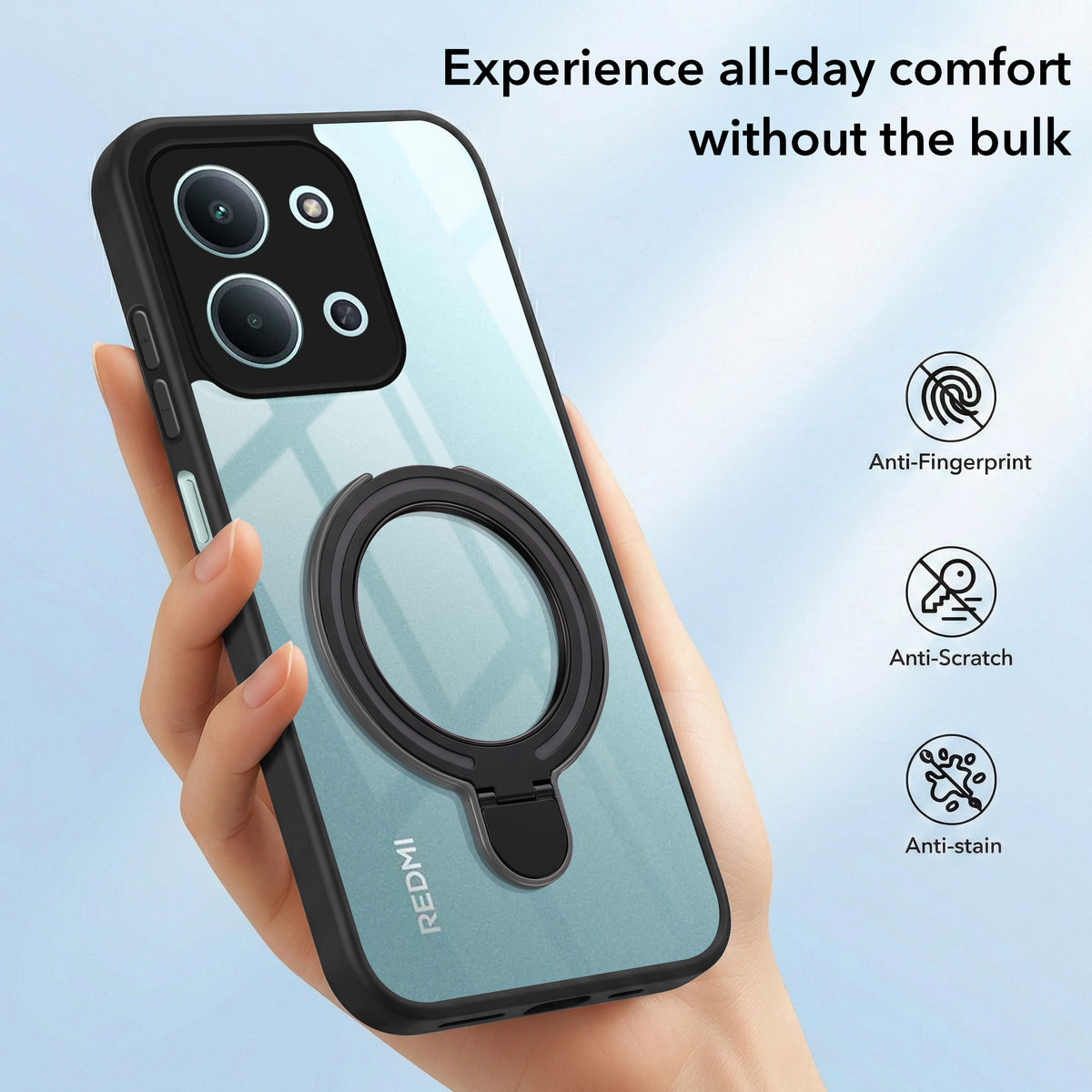 For Redmi 15C Back Cover Case (Kick Stand Ring Holder | Life time Anti Yellow | Camera Protection)
