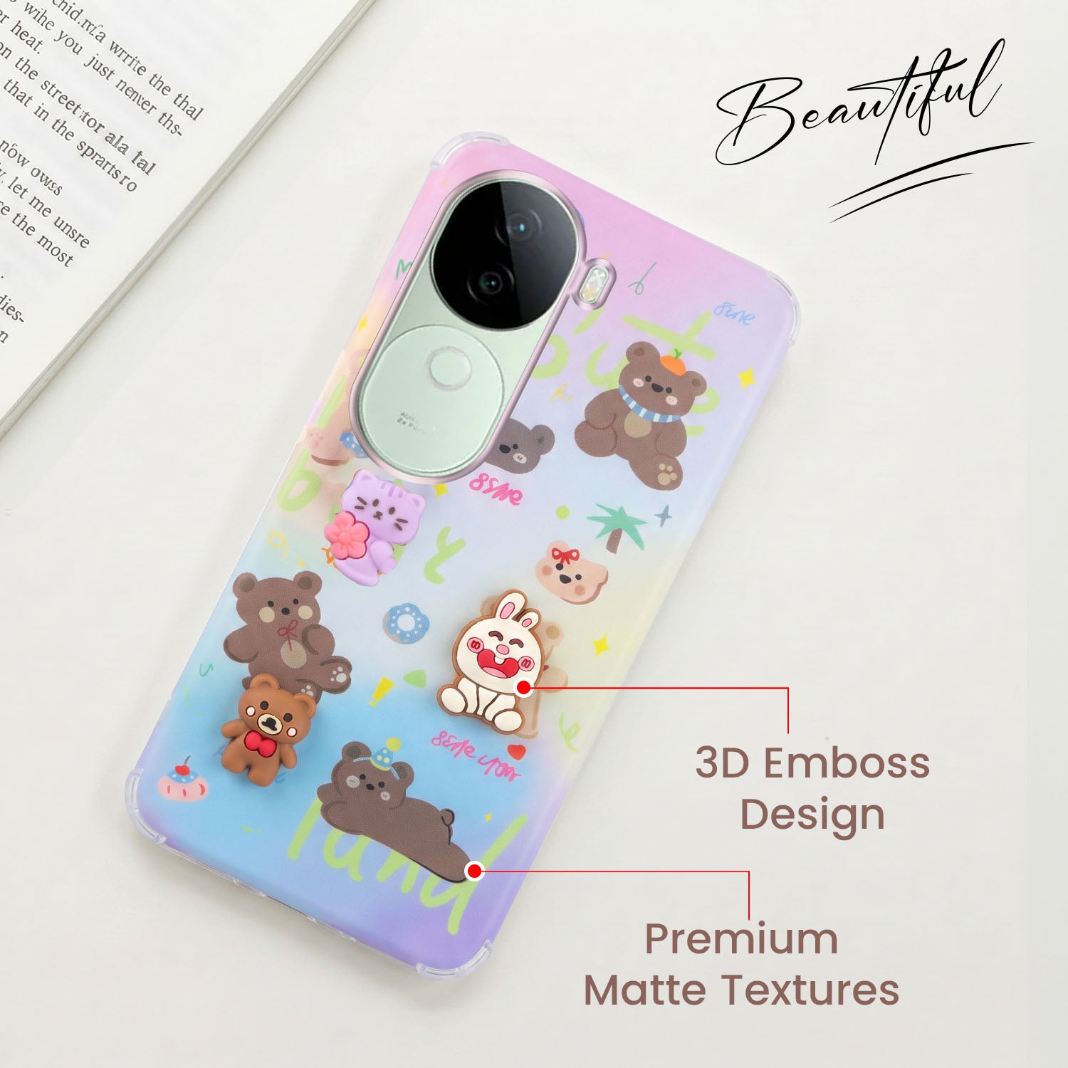 For Vivo V40e Back Cover Case (3D Cute Cartoons | Hard Back Side Soft | Matte Premium Finish | HD Printing)