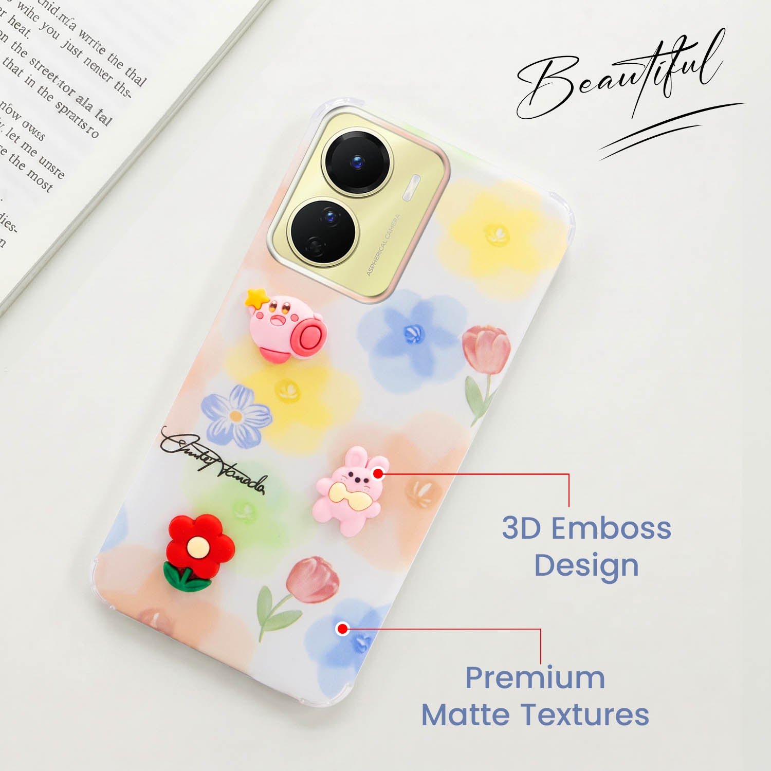 For Vivo Y16 Back Cover Case (3D Cute Cartoons | Hard Back Side Soft | Matte Premium Finish | HD Printing)