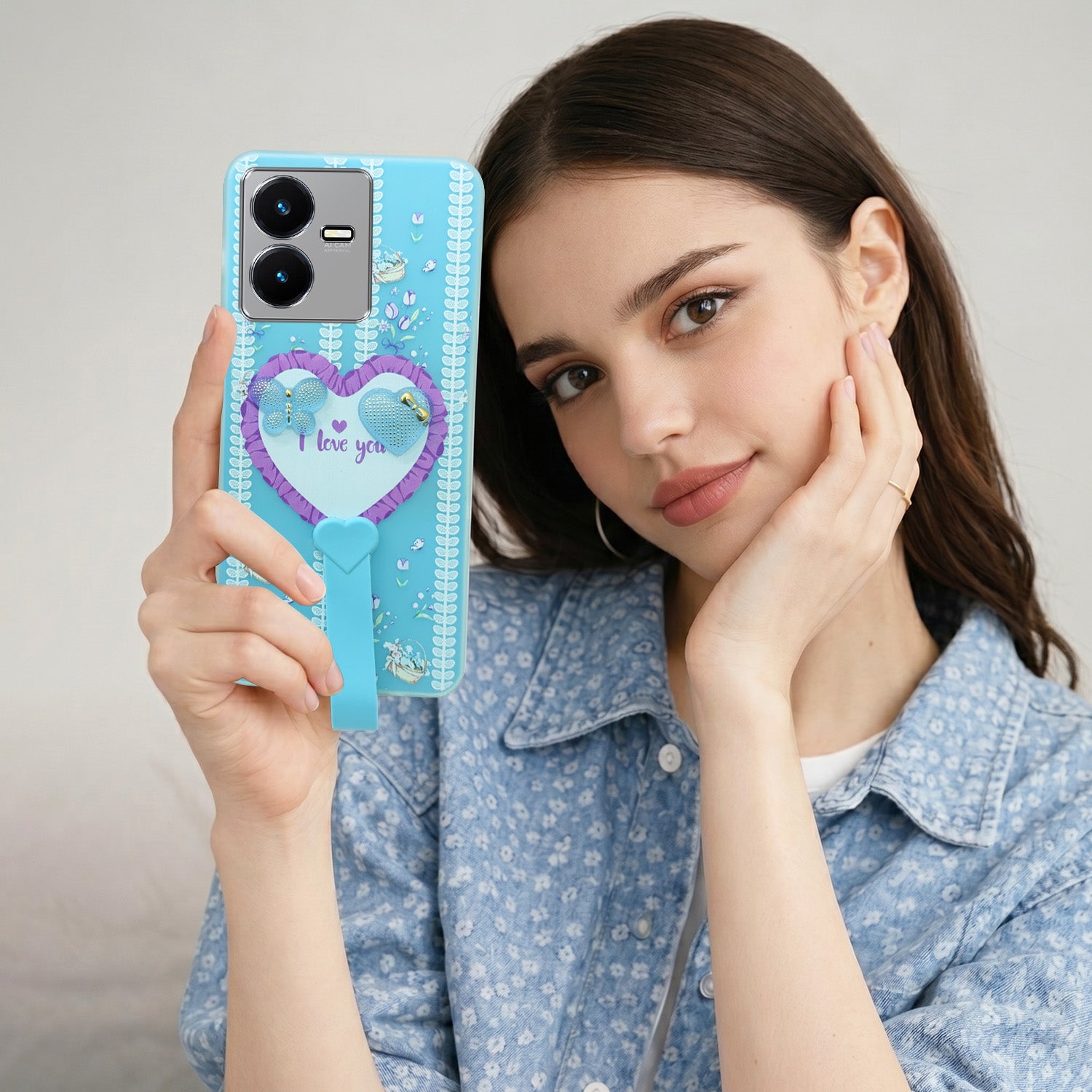For Vivo Y22 | Vivo Y22s Back Cover Case (3D Cute Heart Strap Holder | Camera Protection | Designer Girls Print)