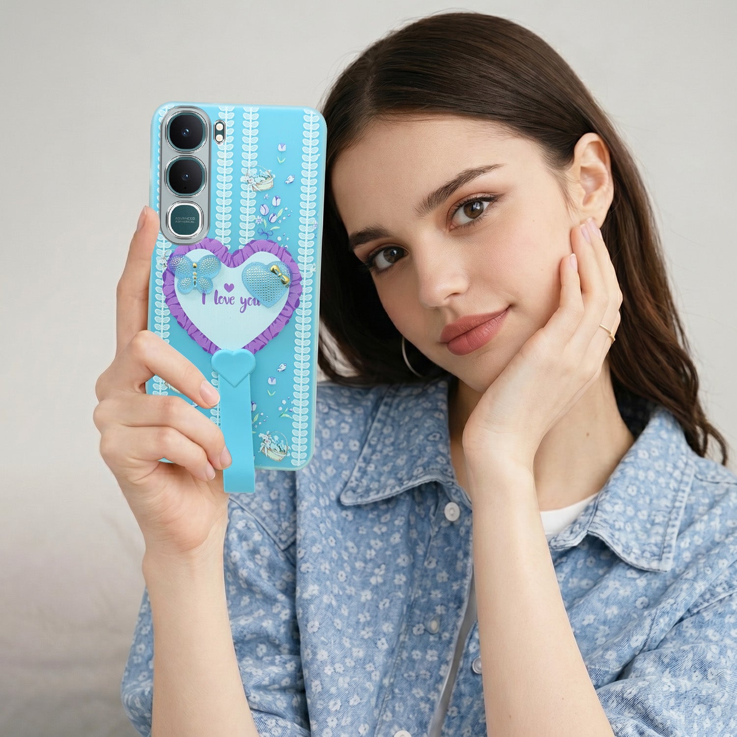 For Vivo Y31 5G Back Cover Case (3D Cute Heart Strap Holder | Camera Protection | Designer Girls Print)