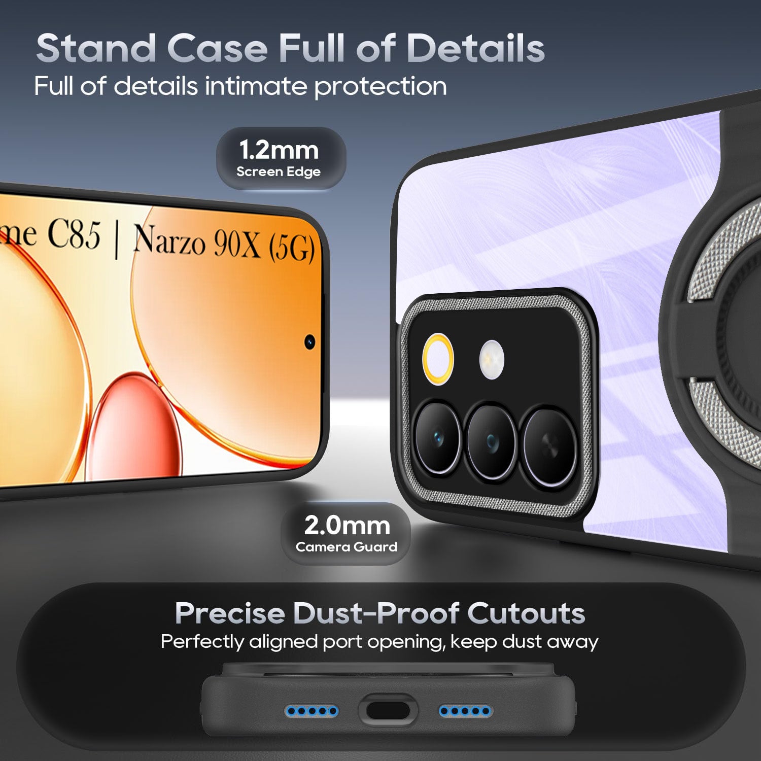 For Realme C85 5G | Realme Narzo 90x Back Cover Case with stand (Built-in Ring Holder Kickstand | Lifetime Anti Yellow | Camera Protection)
