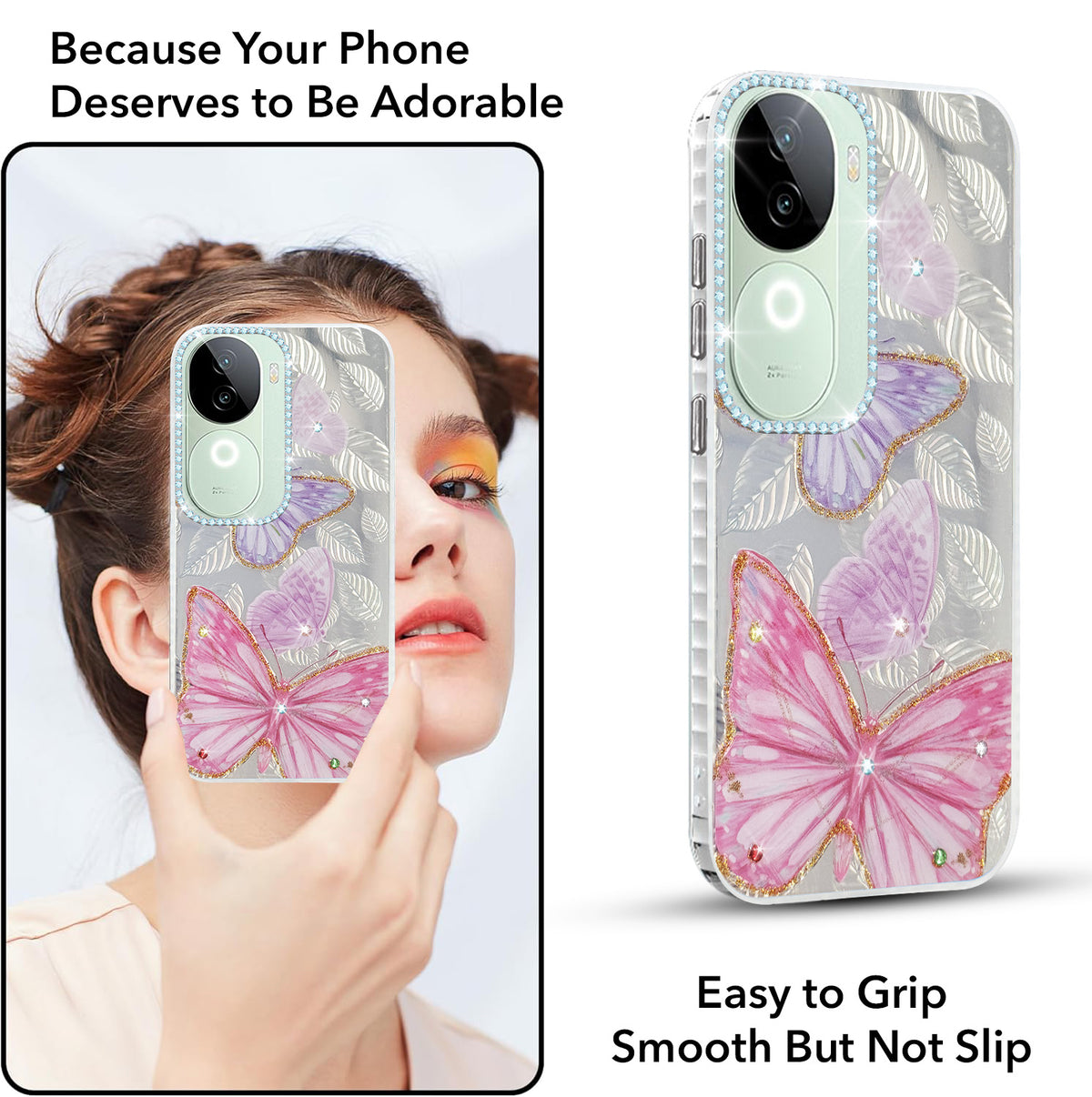 For Vivo iQOO Z9s  Back Cover Case (Luxury Floral Glitter Cute Butterfly | Diamond Studded Camera Bump | Girls & Women Design)