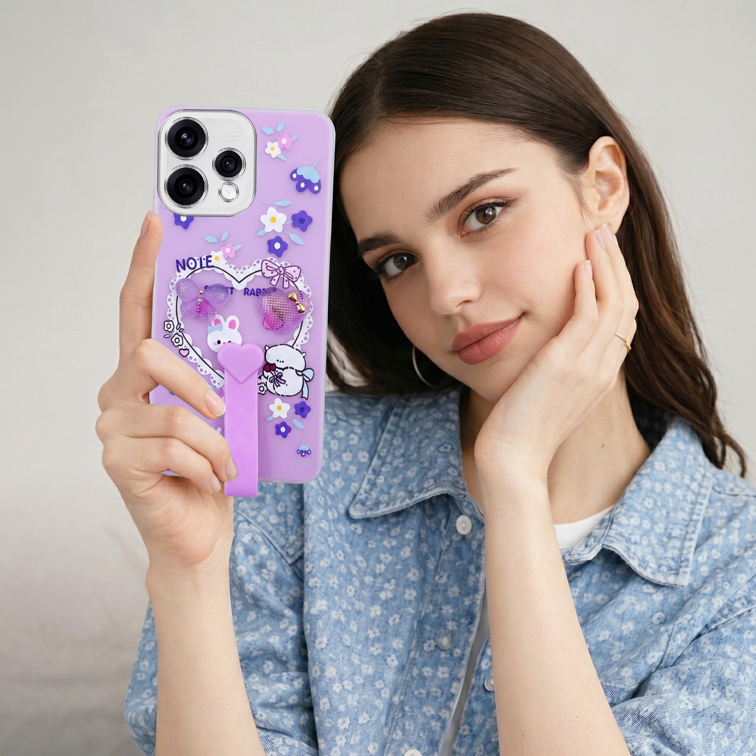 For Oppo Reno15 5G Back Cover Case (3D Cute Heart Strap Holder | Camera Protection | Designer Girls Print)