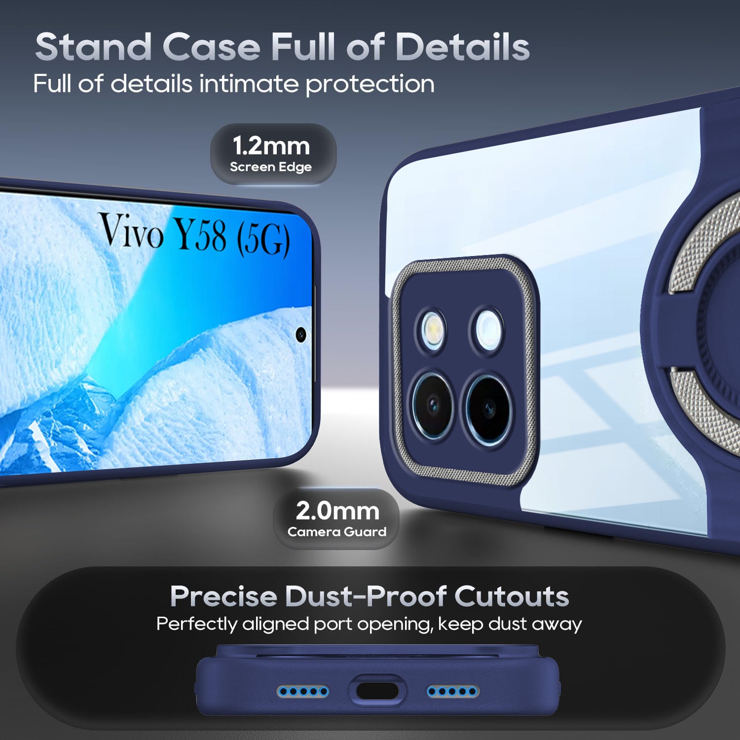 For Vivo Y58 5G Back Cover Case with stand (Built-in Ring Holder Kickstand | Lifetime Anti Yellow | Camera Protection)