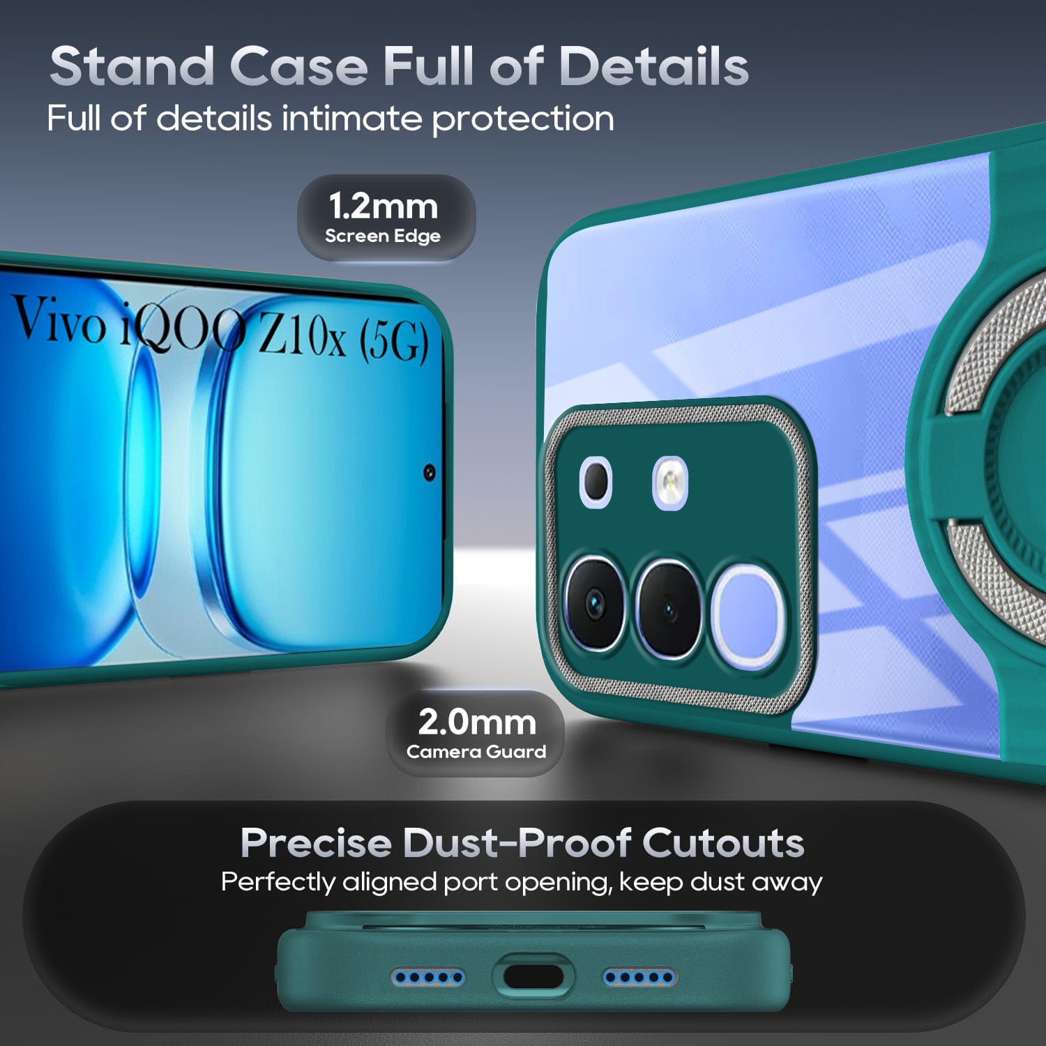 For Vivo iQOO Z10x Back Cover Case with stand (Built-in Ring Holder Kickstand | Lifetime Anti Yellow | Camera Protection)