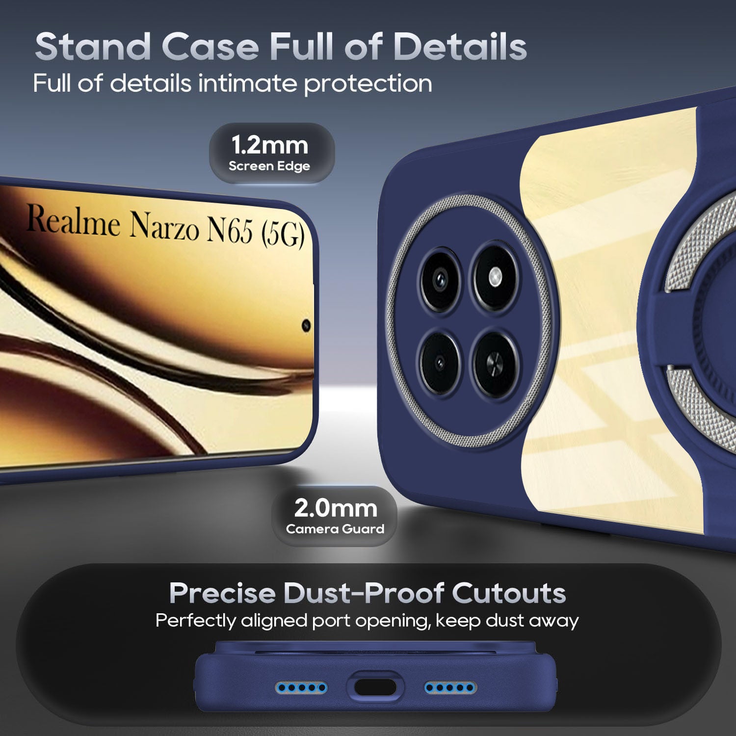 For Realme Narzo N65 5G Back Cover Case with stand (Built-in Ring Holder Kickstand | Lifetime Anti Yellow | Camera Protection)