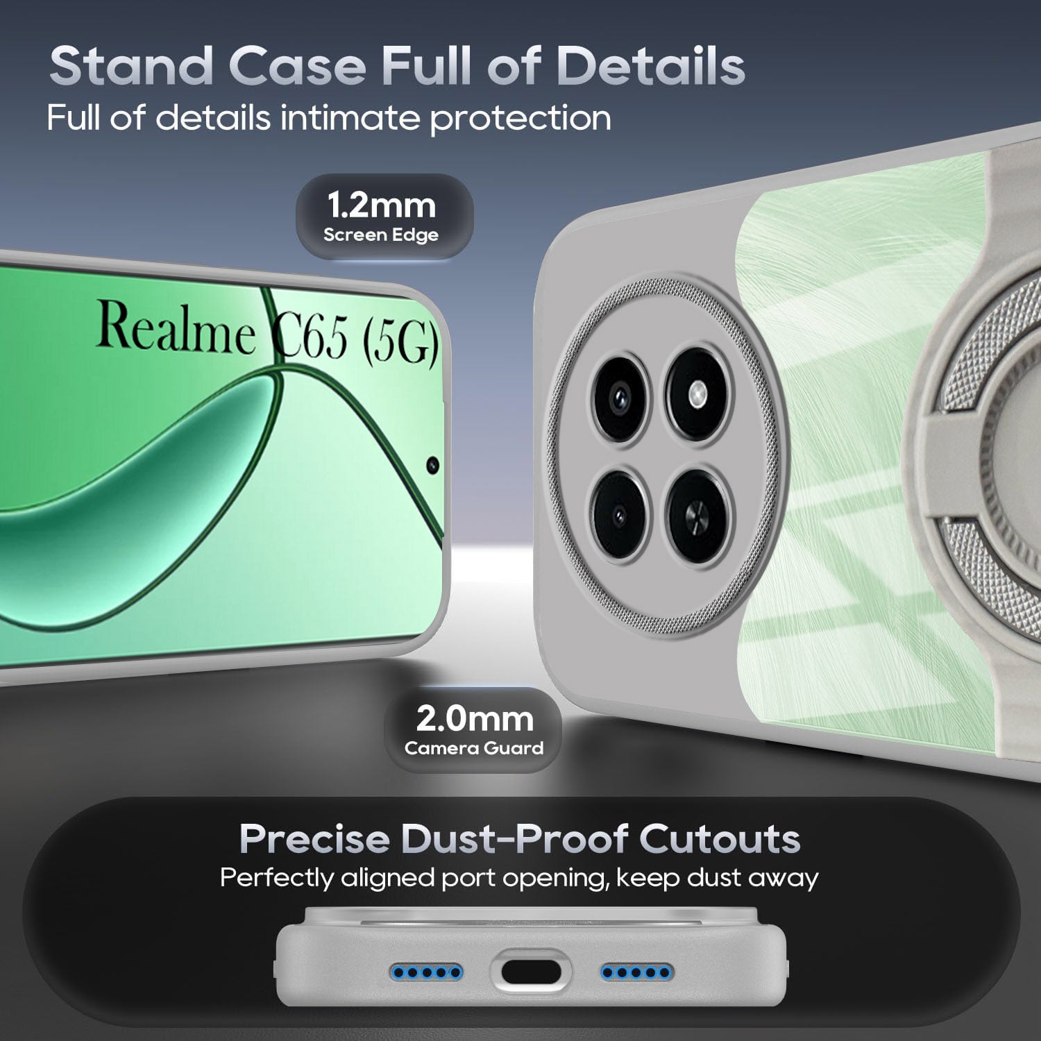 For Realme C65 5G Back Cover Case with stand (Built-in Ring Holder Kickstand | Lifetime Anti Yellow | Camera Protection)
