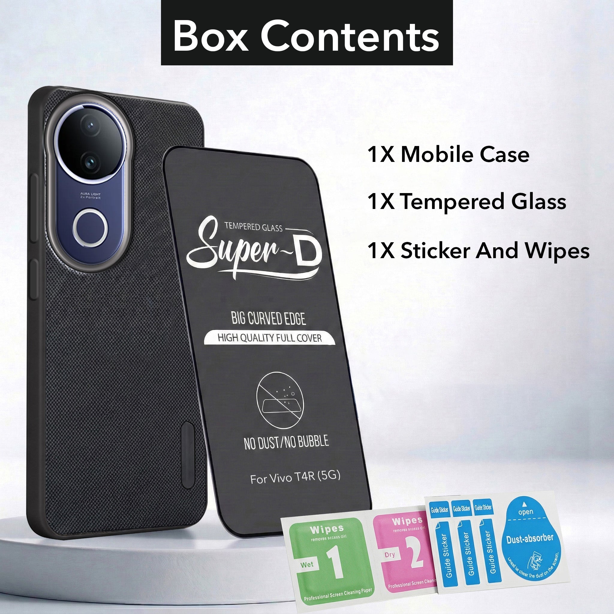 For Vivo T4R Combo with Back Cover and 9H Tempered Glass (Textured Grip Design | Micro-Fiber Cloth Inside | Oleophobic Coating Screen Glass)