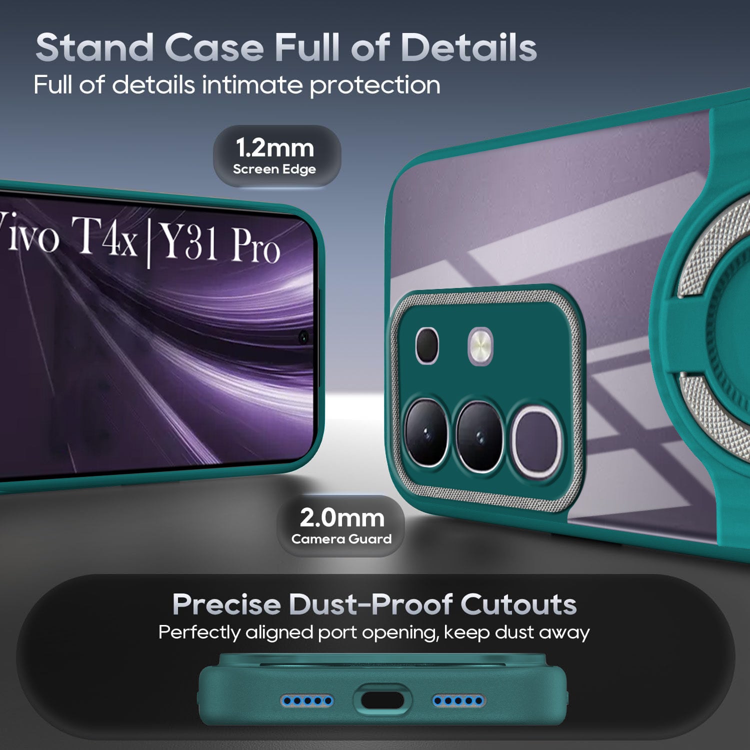 For Vivo T4x | Vivo Y31 Pro Back Cover Case with stand (Built-in Ring Holder Kickstand | Lifetime Anti Yellow | Camera Protection)