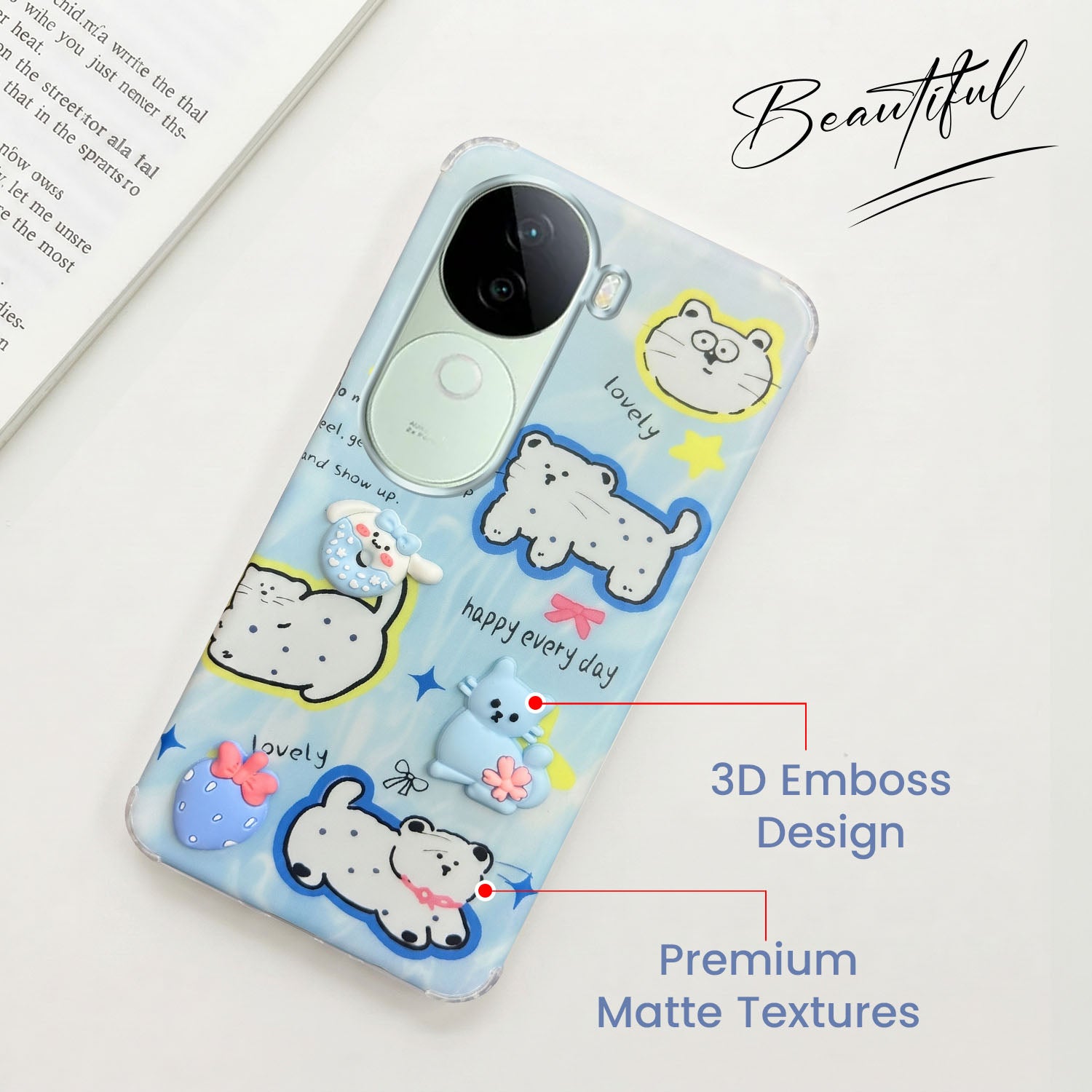 For Vivo V40e Back Cover Case (3D Cute Cartoons | Hard Back Side Soft | Matte Premium Finish | HD Printing)