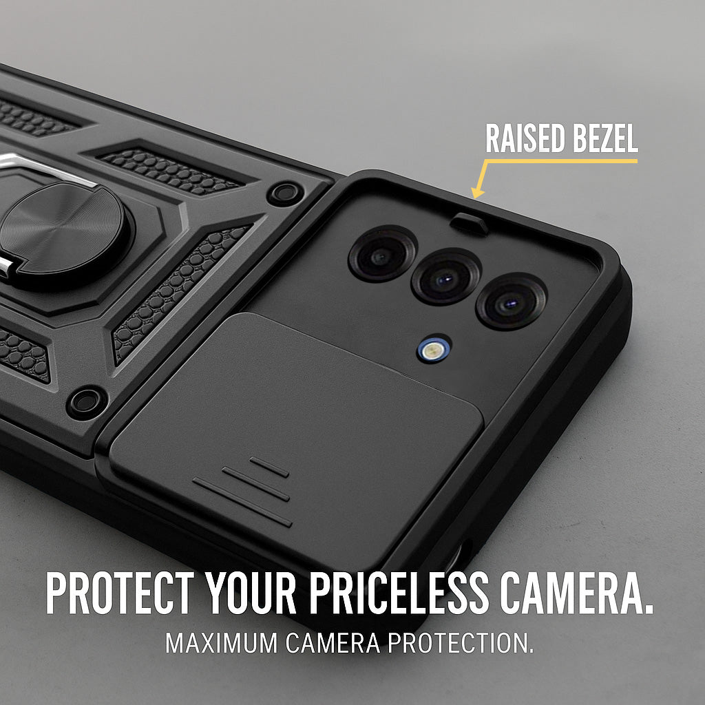 For Samsung Galaxy A17 | Samsung F17 | Samsung M17 5G Back Cover Case Hybrid Armor (Sliding Shutter Camera Protection | Polycarbonate |Ring Holder Kickstand)