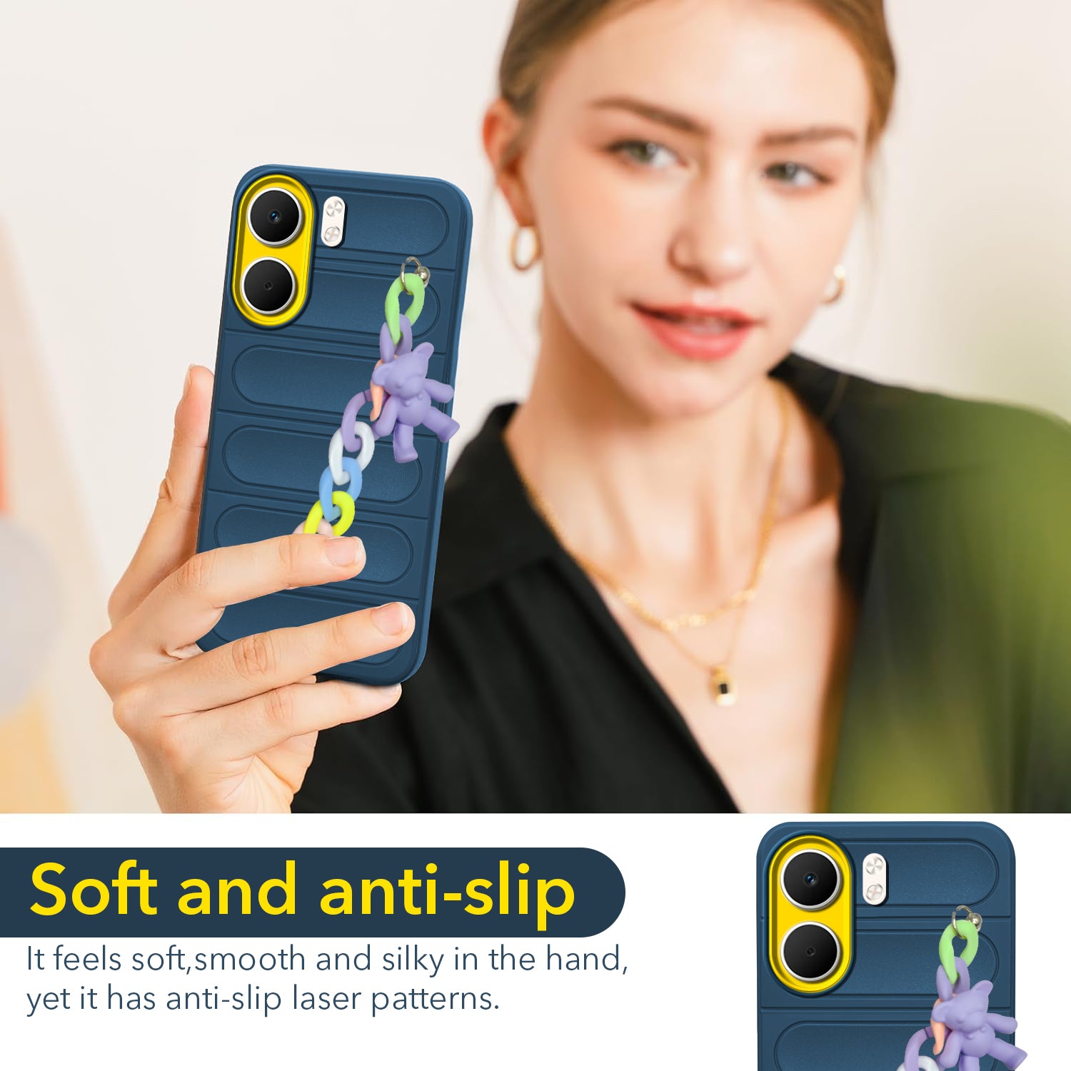 For Oppo A5X Back Cover Case (Wrist Hanging Chain | Teddy Bracelet Charms | Matte Liquid Silicone | Camera Protection Ring)