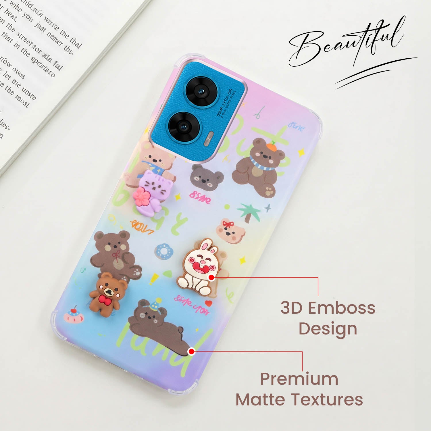 For Motorola Moto G96 Back Cover Case (3D Cute Cartoons | Hard Back Side Soft | Matte Premium Finish | HD Printing)