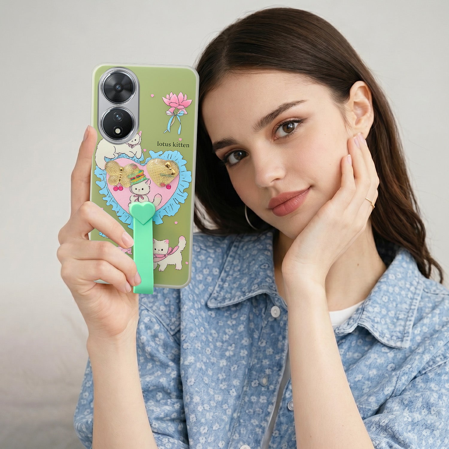 For Vivo T2 Back Cover Case (3D Cute Heart Strap Holder | Camera Protection | Designer Girls Print)