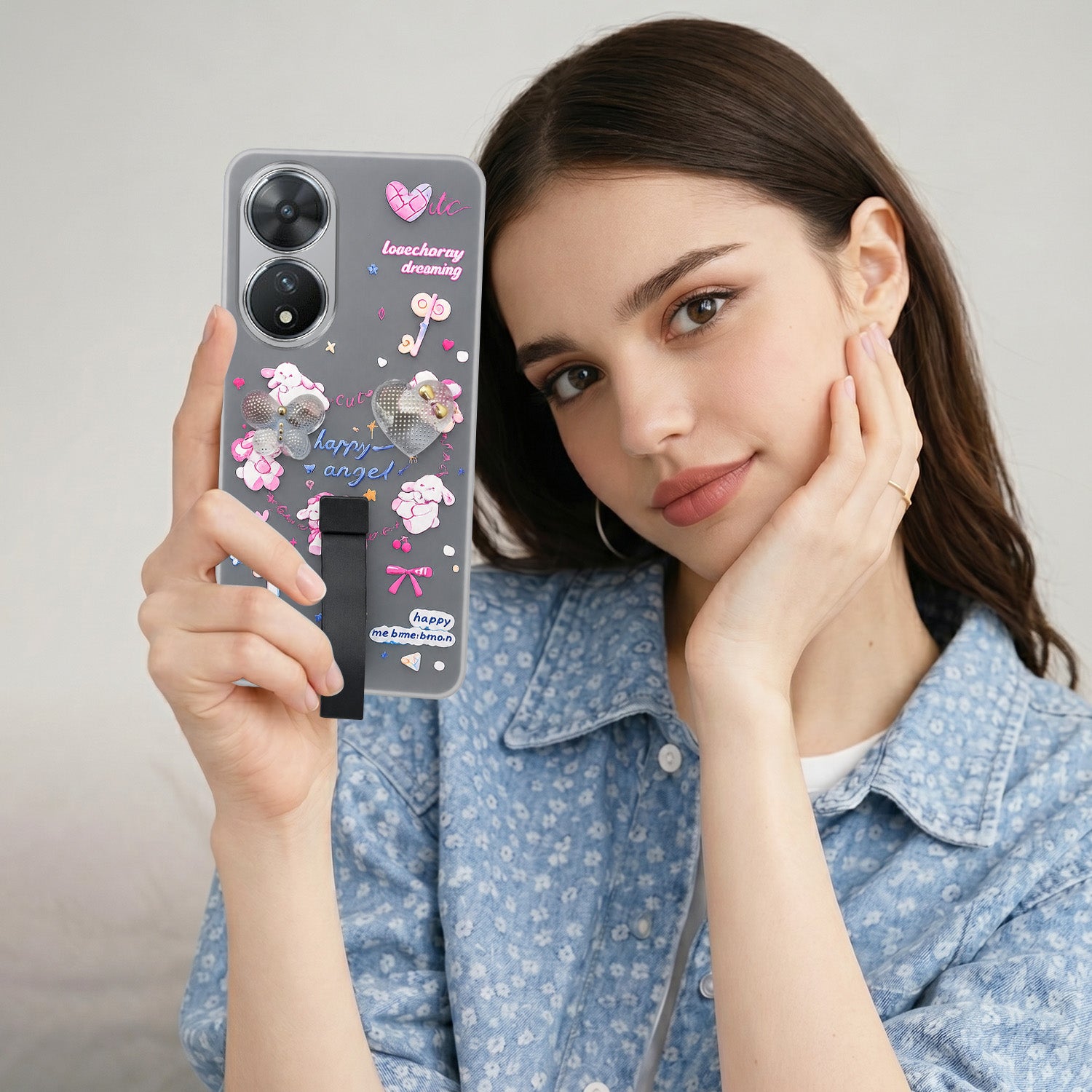 For Vivo T2 Back Cover Case (3D Cute Heart Strap Holder | Camera Protection | Designer Girls Print)