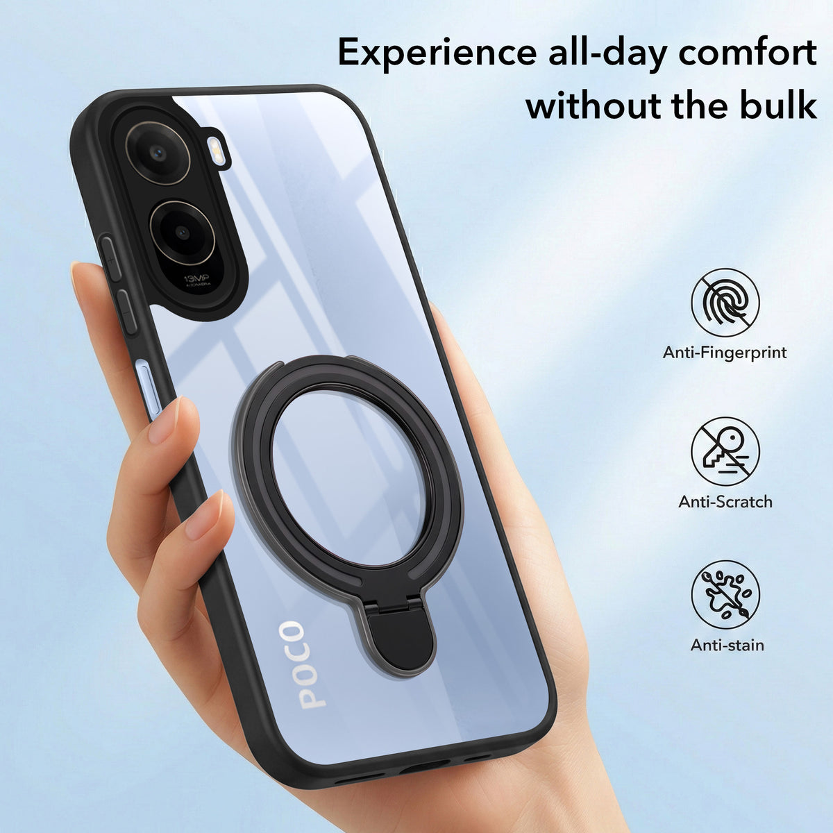 For Poco C81 5G Back Cover Case (Kick Stand Ring Holder | Life time Anti Yellow | Camera Protection)