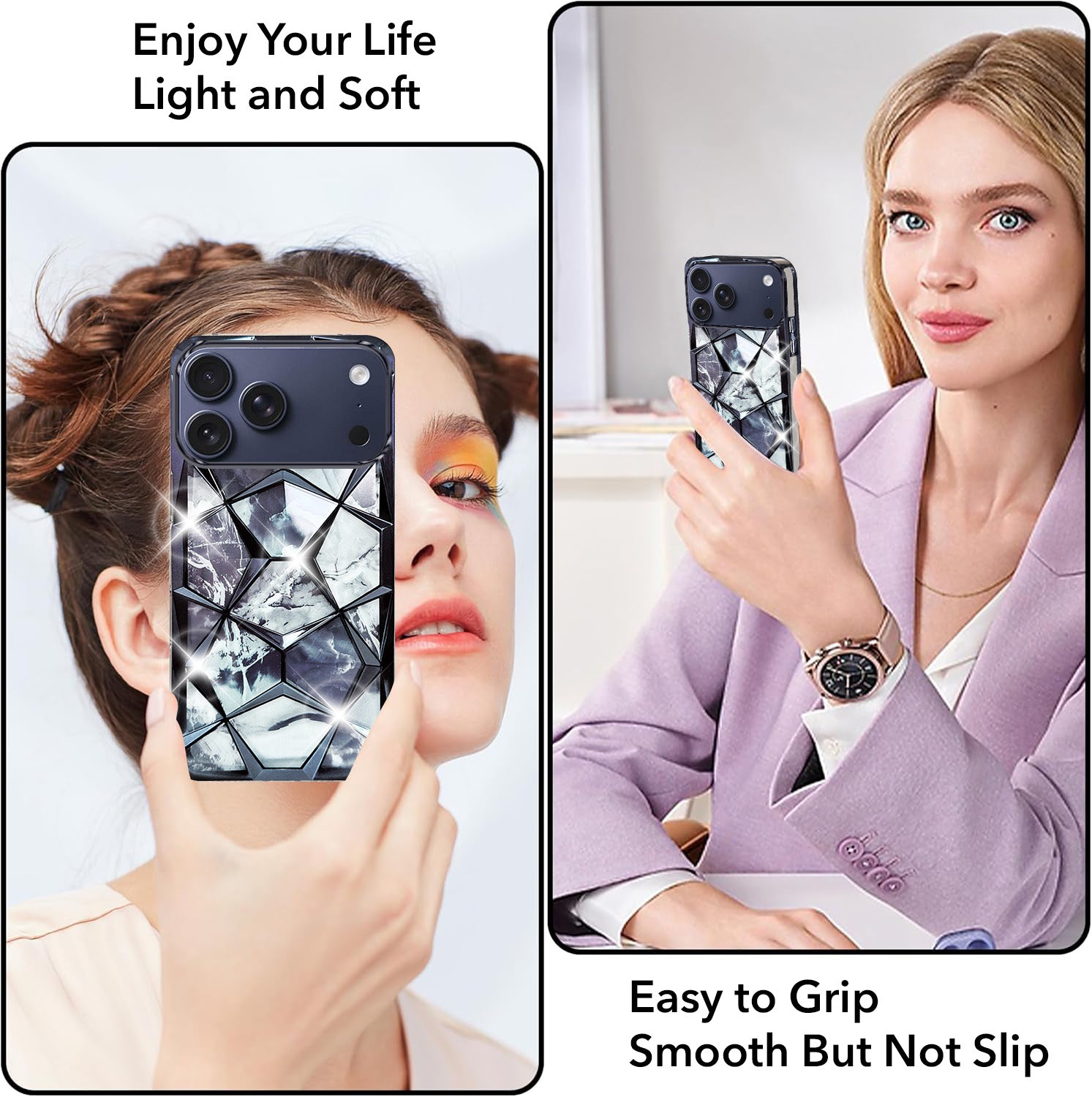 For iPhone 17 Pro | iPhone 18 Pro Back Cover Case 3D Silicone Compatible (Dual Design Glitter Sparkle and Detachable Diamond Print Case | Soft and Flexible)