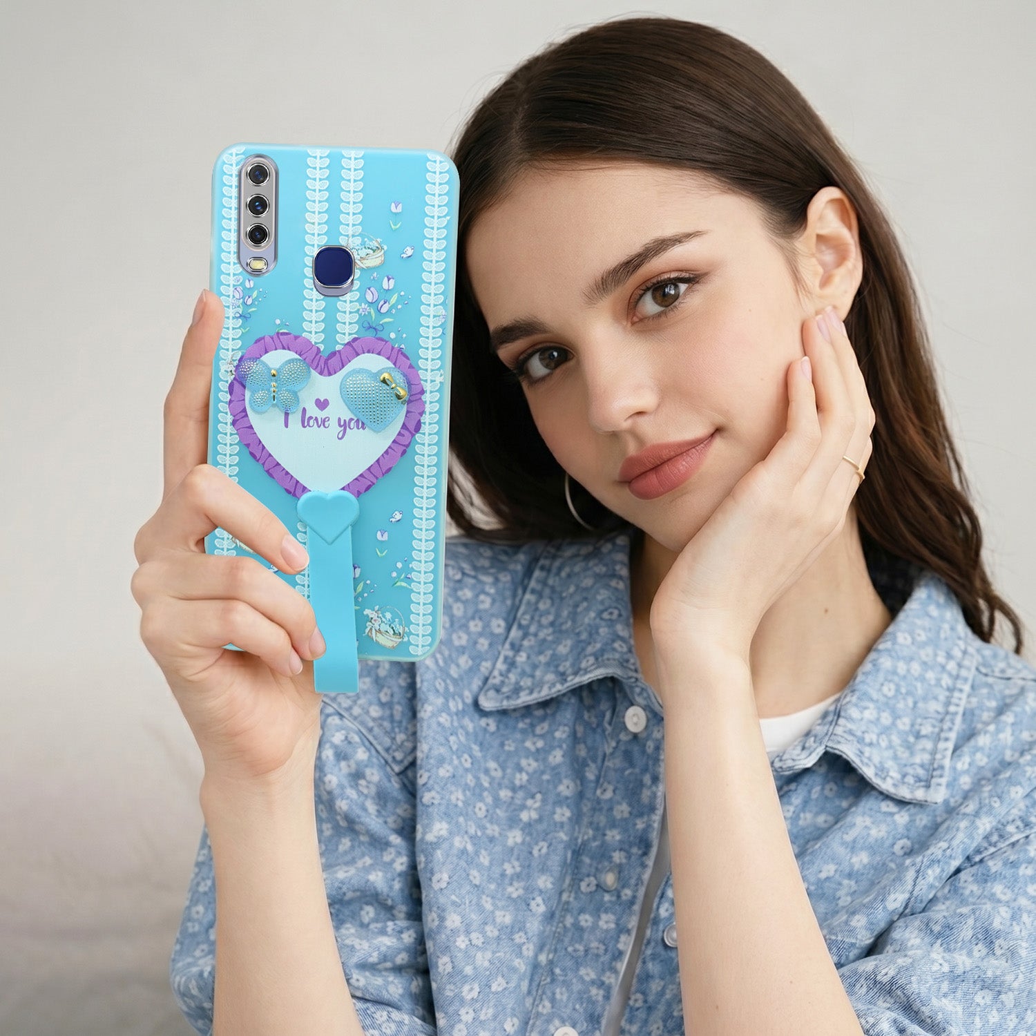 For Vivo Y12 | Y15 | Y17 Back Cover Case (3D Cute Heart Strap Holder | Camera Protection | Designer Girls Print)