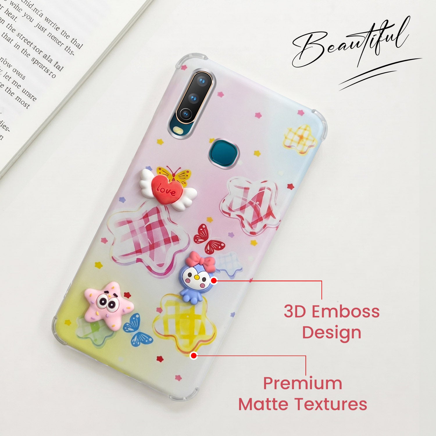 For Vivo U10 Back Cover Case (3D Cute Cartoons | Hard Back Side Soft | Matte Premium Finish | HD Printing)