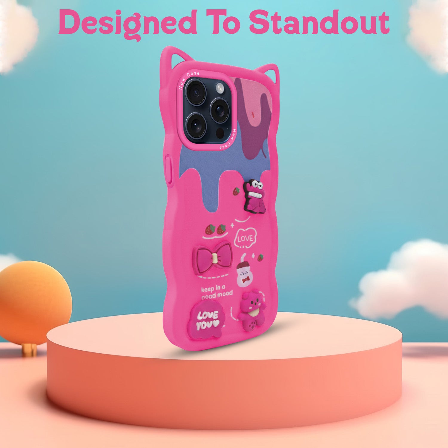 For Apple iPhone 15 Pro Back Case Cover Strap(3D Embossed Figures | Strap Holder | 360* Soft Cushion with Camera Bump)