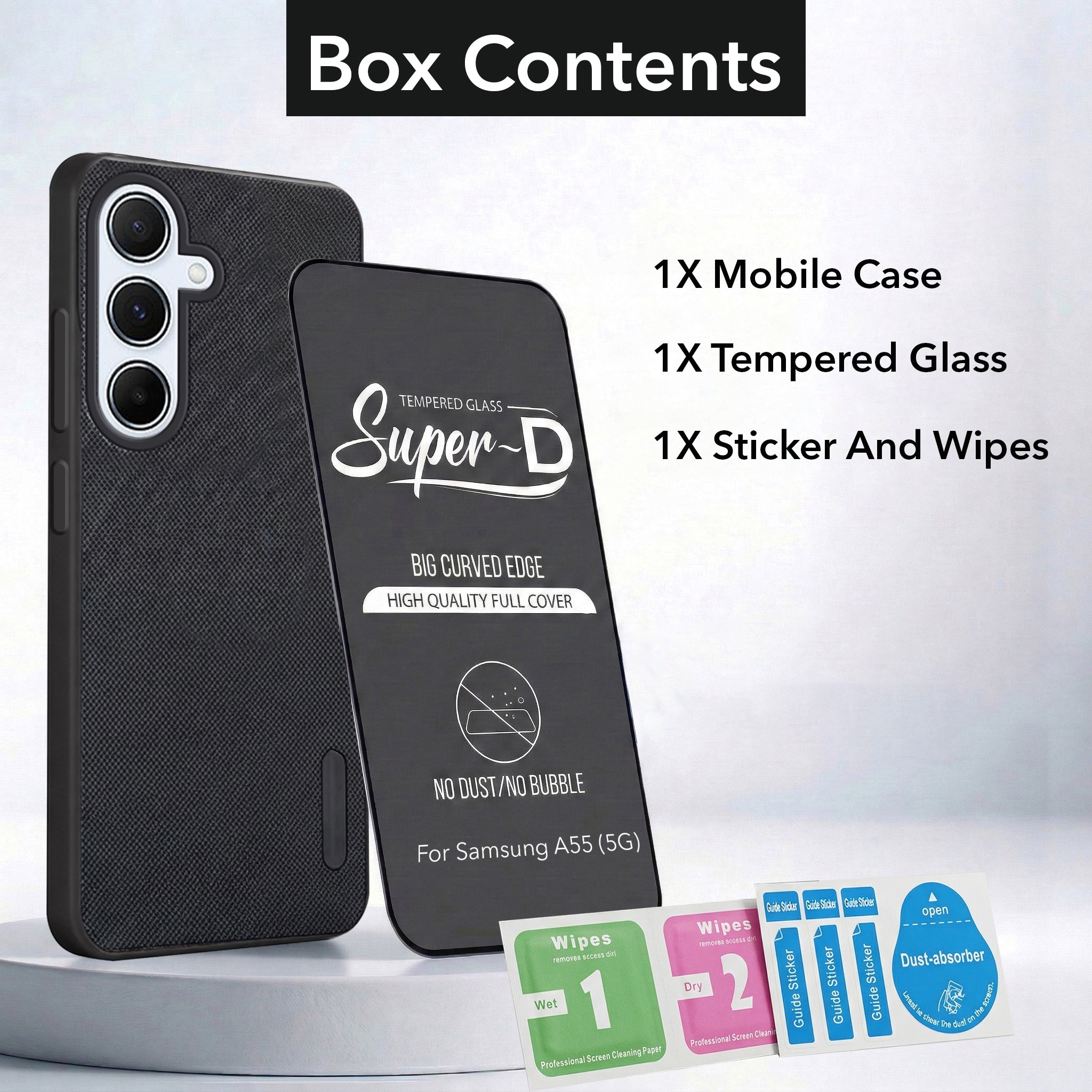For Samsung Galaxy A55 5G Combo with Back Cover and 9H Tempered Glass (Textured Grip Design | Micro-Fiber Cloth Inside | Oleophobic Coating Screen Glass)