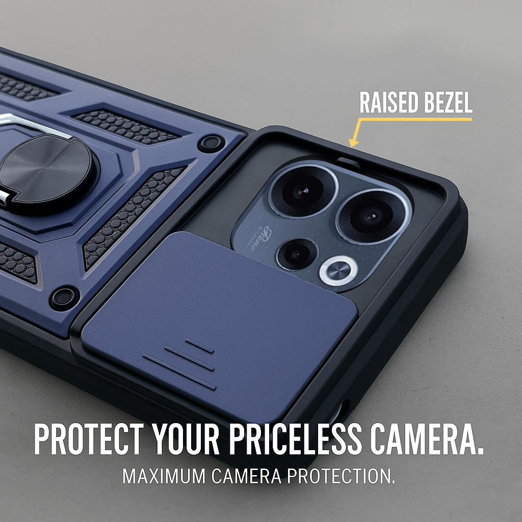 For Oppo Reno 15c Back Cover Case Hybrid Armor (Sliding Shutter Camera Protection | Polycarbonate |Ring Holder Kickstand)