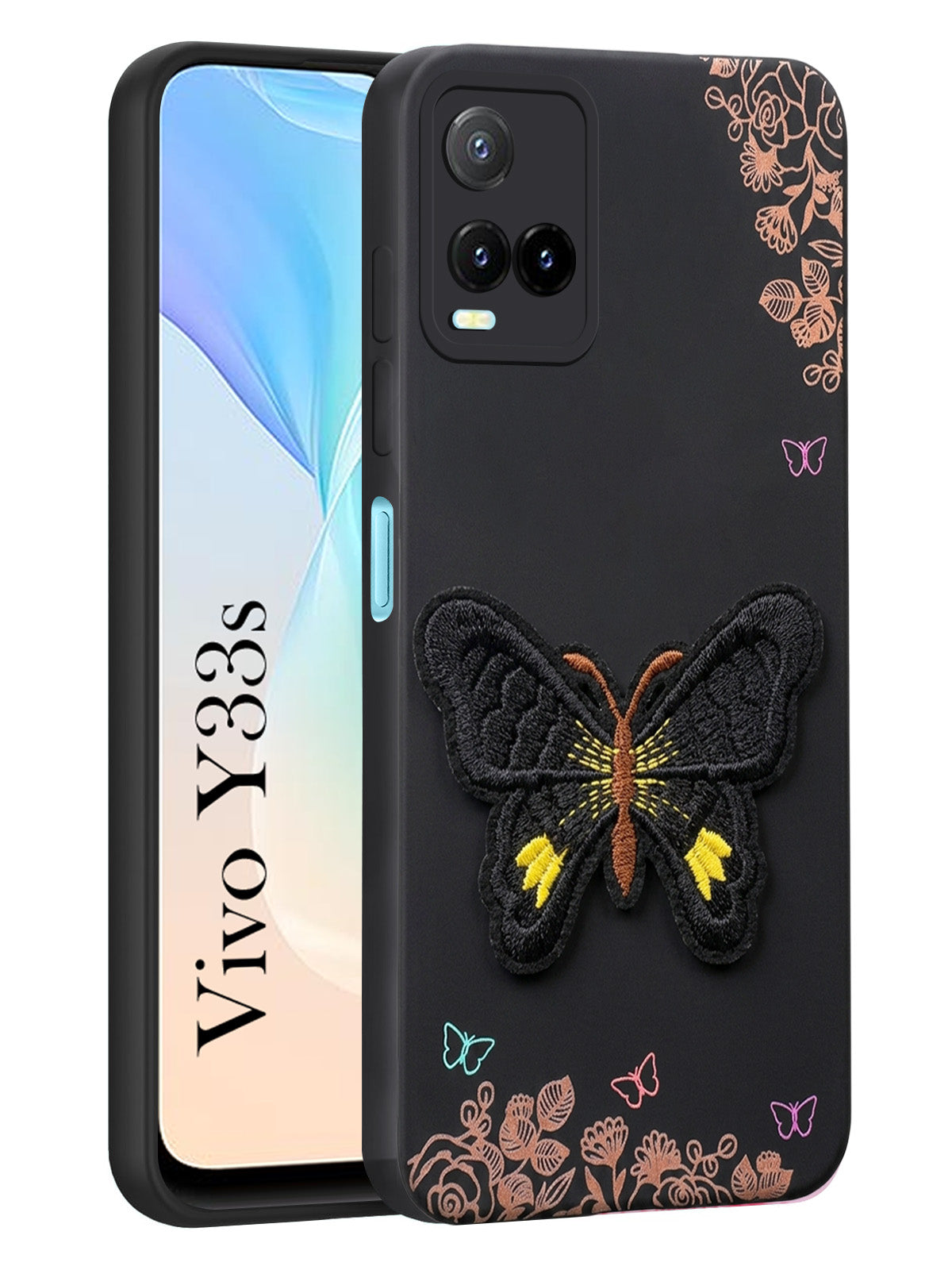 For Vivo Y33s Back Cover Case (Soft Butterfly Embroidery | Women Teen Girls | Camera Protection| Matte Silicone)
