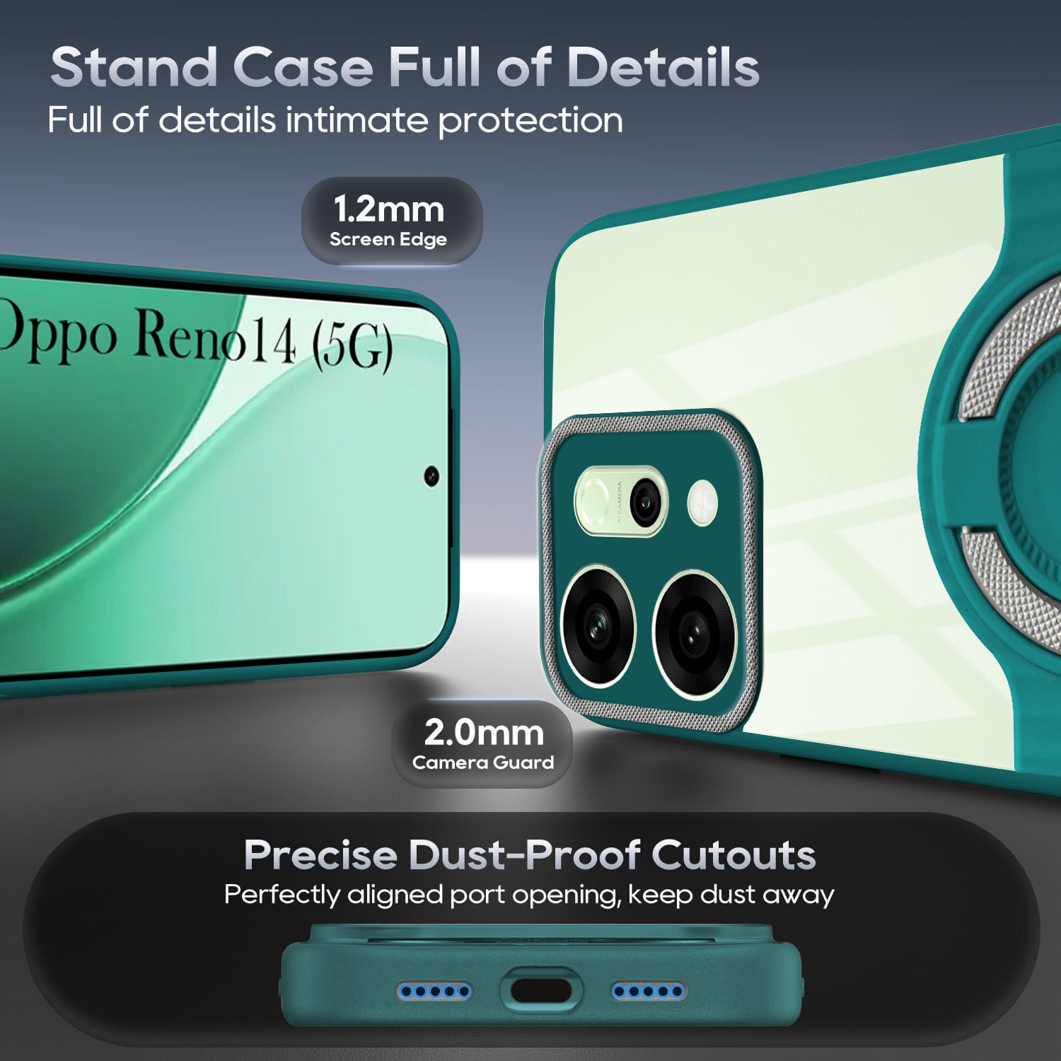 For Oppo Reno14 5G | Oppo Reno 14 5G Back Cover Case with stand (Built-in Ring Holder Kickstand | Lifetime Anti Yellow | Camera Protection)