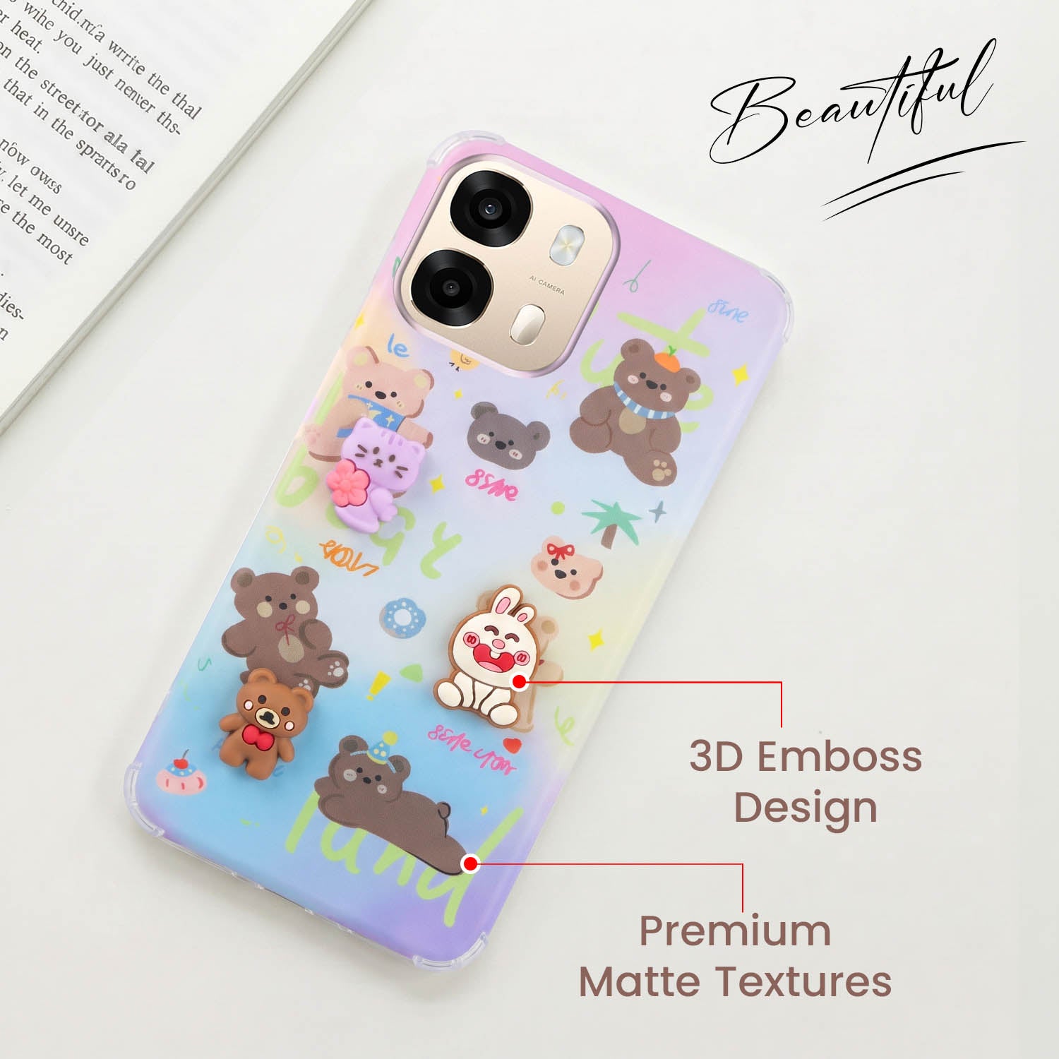 For Oppo A6 Pro Back Cover Case (3D Cute Cartoons | Hard Back Side Soft | Matte Premium Finish | HD Printing)