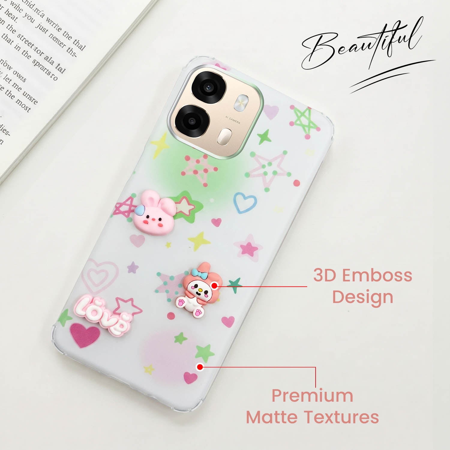 For Oppo A6 Pro Back Cover Case (3D Cute Cartoons | Hard Back Side Soft | Matte Premium Finish | HD Printing)