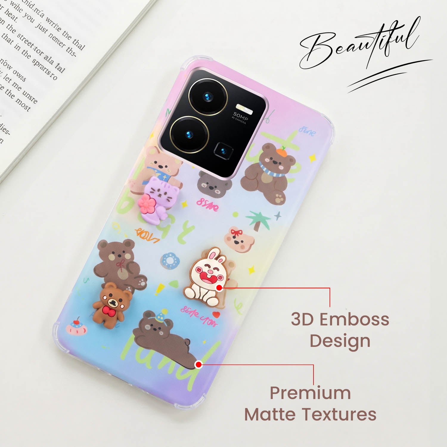 For Vivo Y35 Back Cover Case (3D Cute Cartoons | Hard Back Side Soft | Matte Premium Finish | HD Printing)