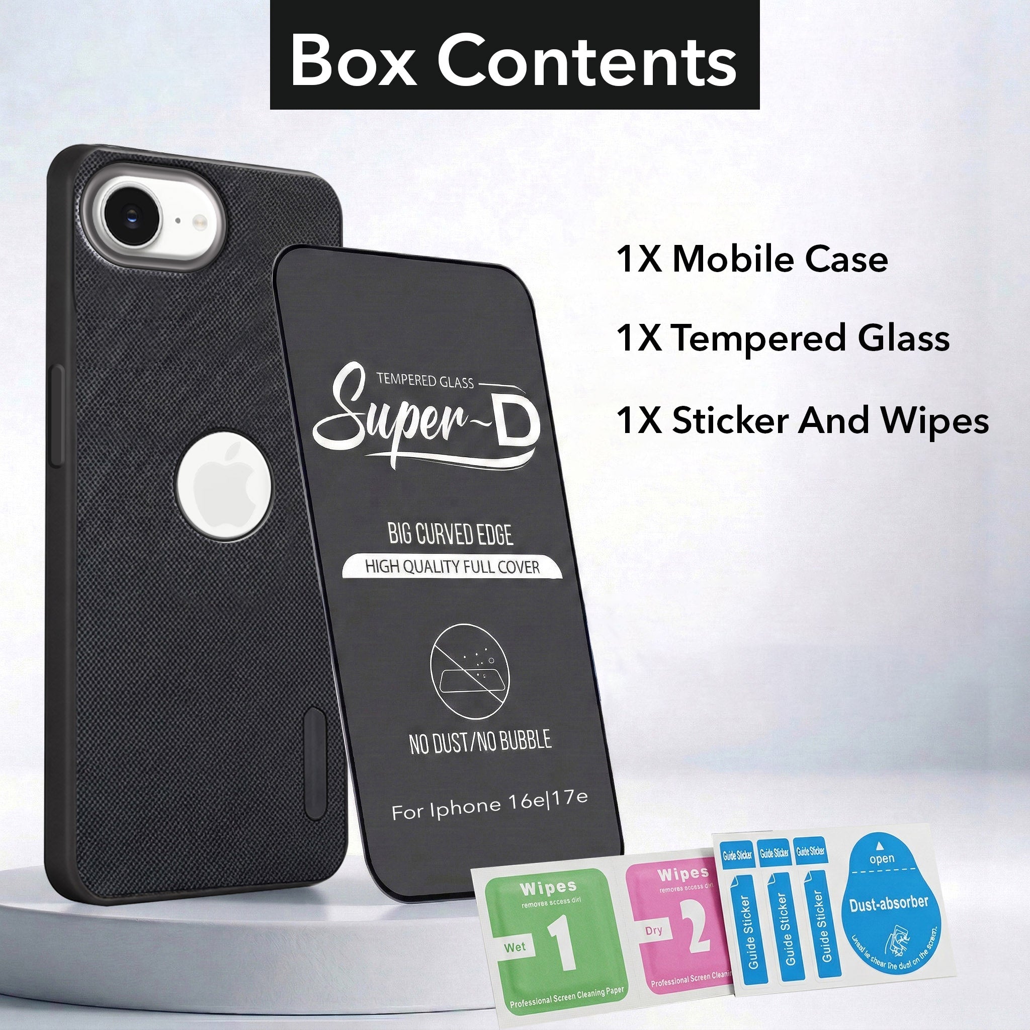 For Apple iPhone 16e | iPhone 17e Combo with Back Cover and 9H Tempered Glass (Textured Grip Design | Micro-Fiber Cloth Inside | Oleophobic Coating Screen Glass)