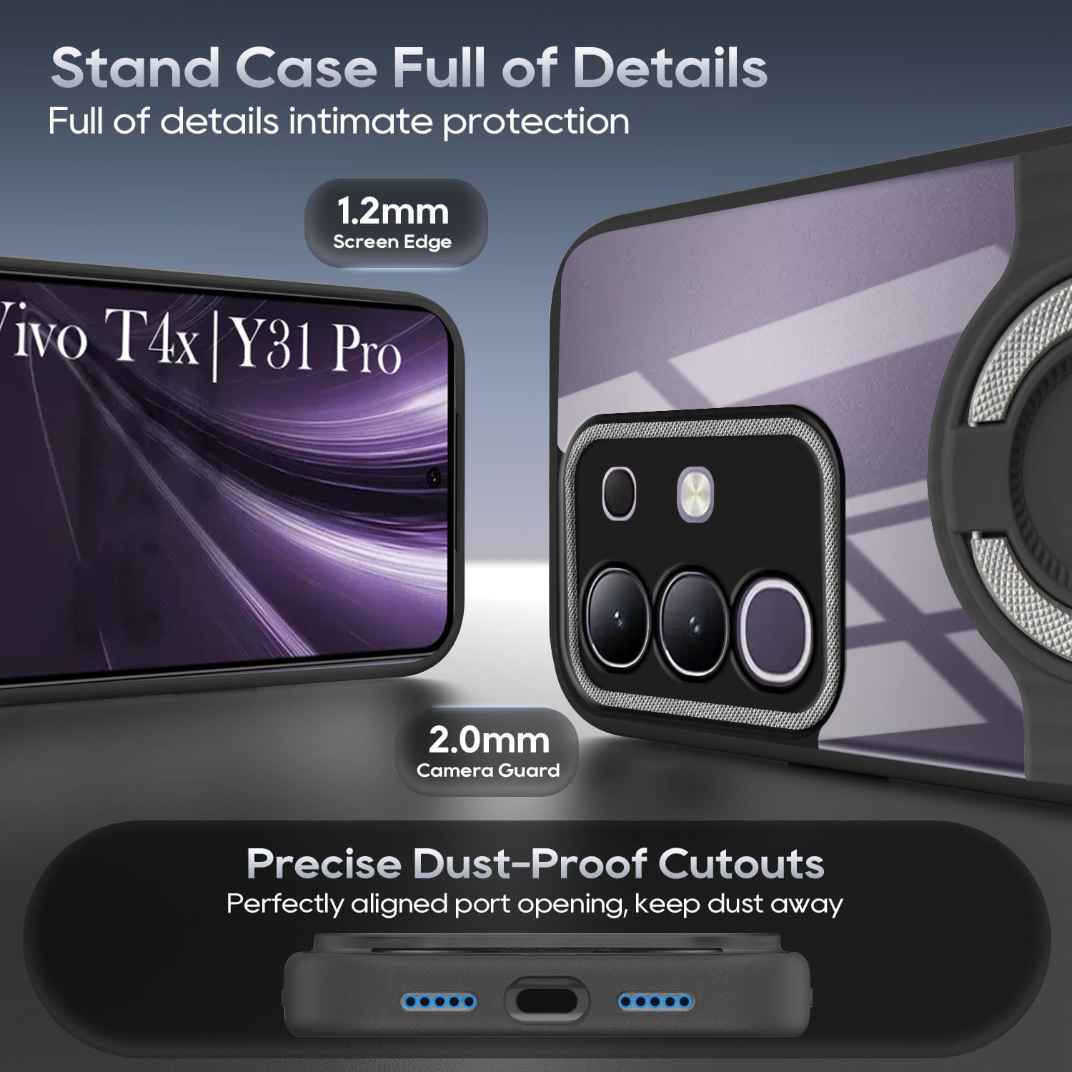 For Vivo T4x | Vivo Y31 Pro Back Cover Case with stand (Built-in Ring Holder Kickstand | Lifetime Anti Yellow | Camera Protection)